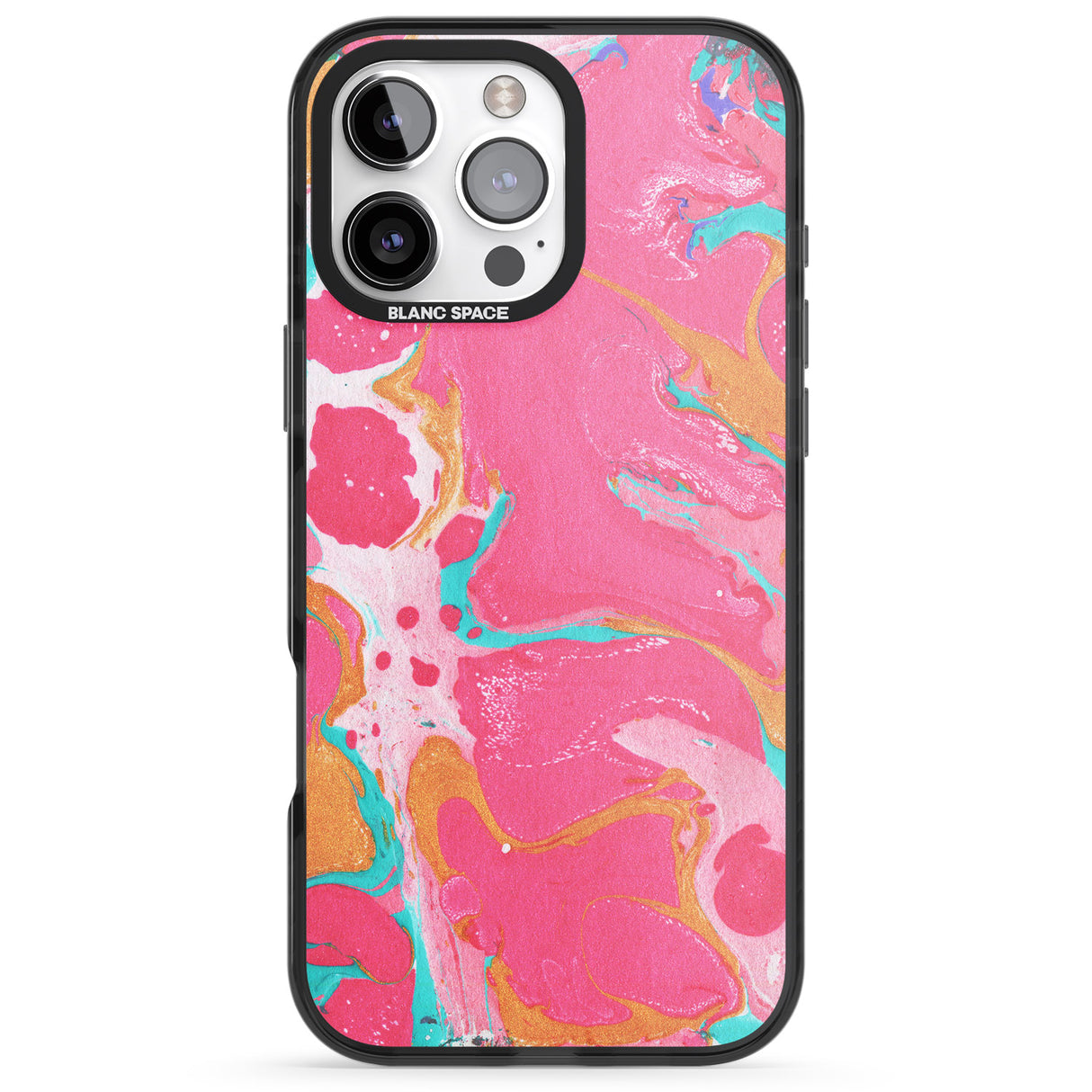 iPhone 16 Pro Max Pink, Orange & Turquoise Marbled Paper Pattern Black Impact Phone Case