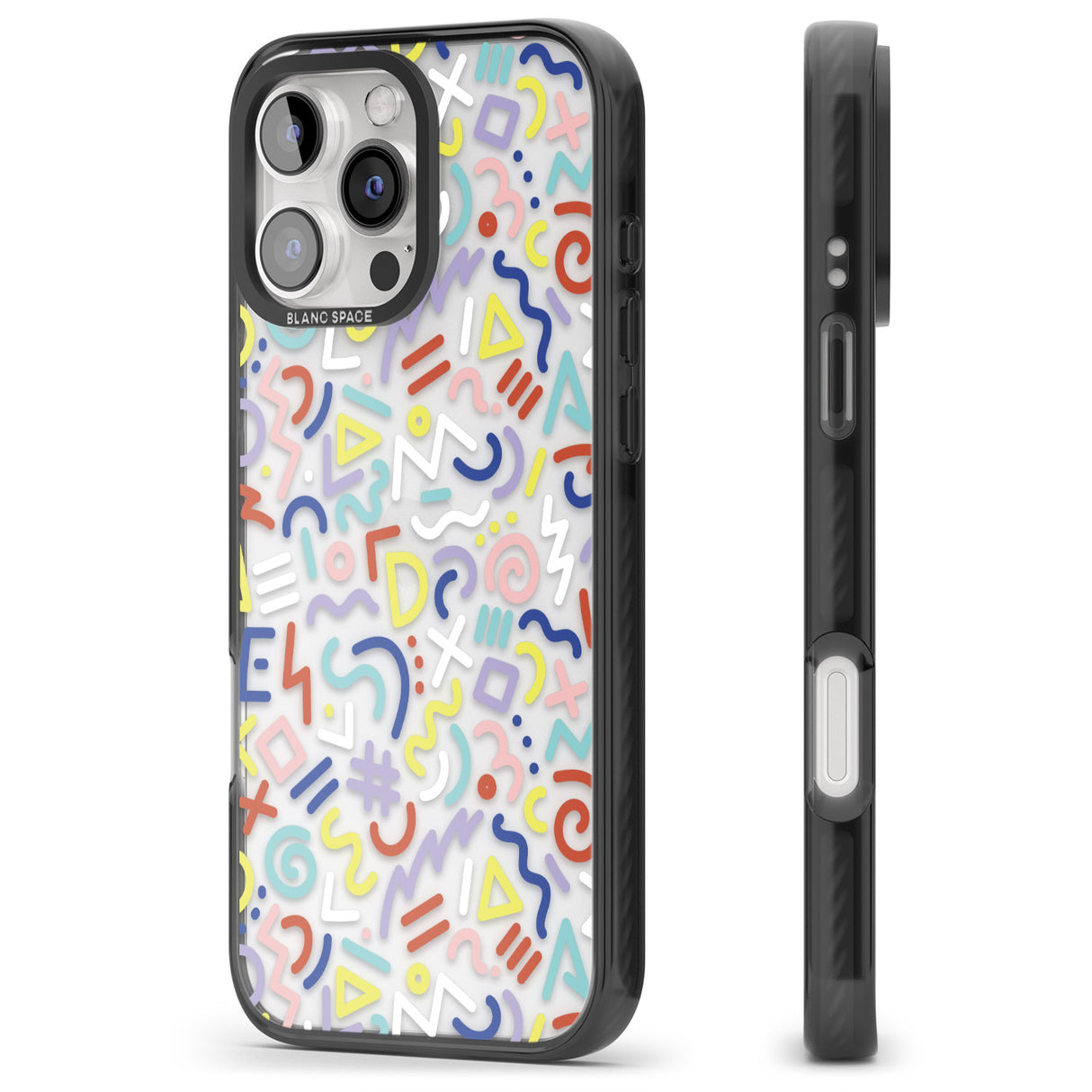 iPhone 16 Pro Max Colourful Mixed Shapes Retro Pattern Design Black Impact Phone Case