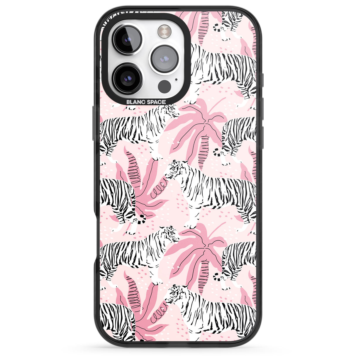 iPhone 16 Pro Max White Tigers on Pink Pattern Black Impact Phone Case