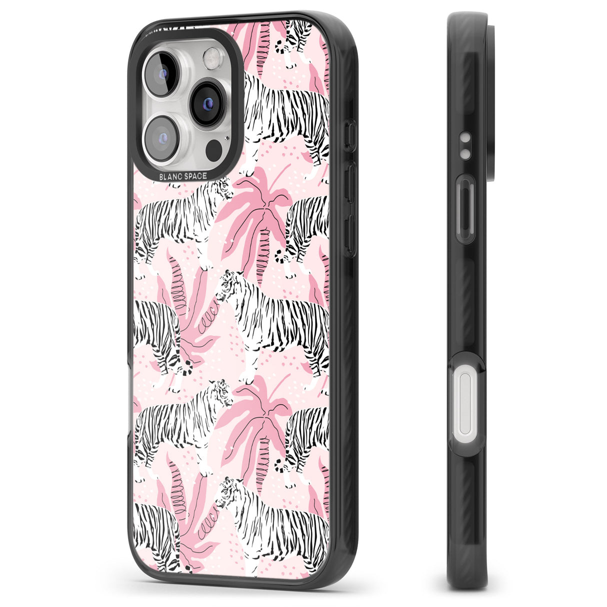 iPhone 16 Pro Max White Tigers on Pink Pattern Black Impact Phone Case