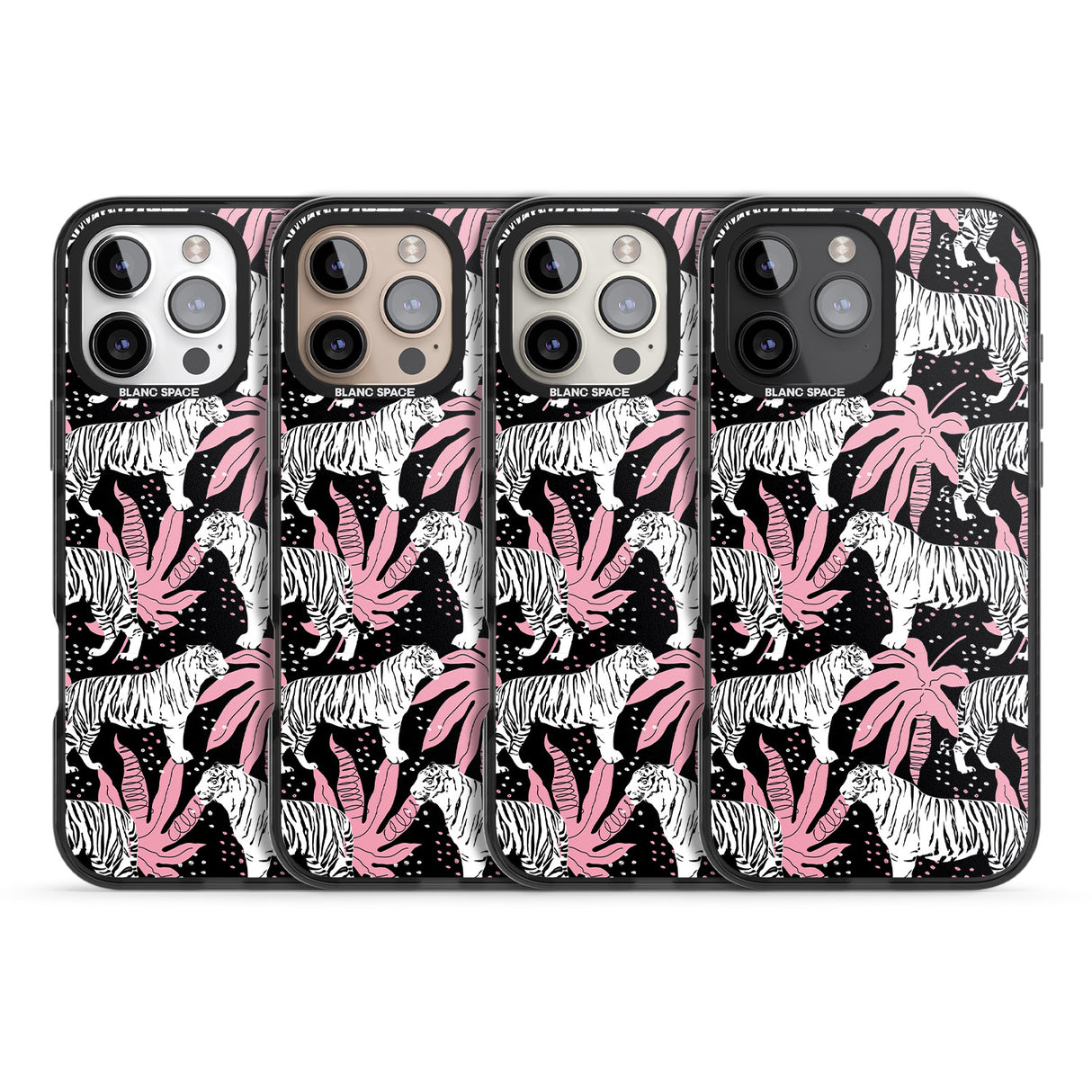 iPhone 16 Pro Max White Tigers on Black Pattern Black Impact Phone Case