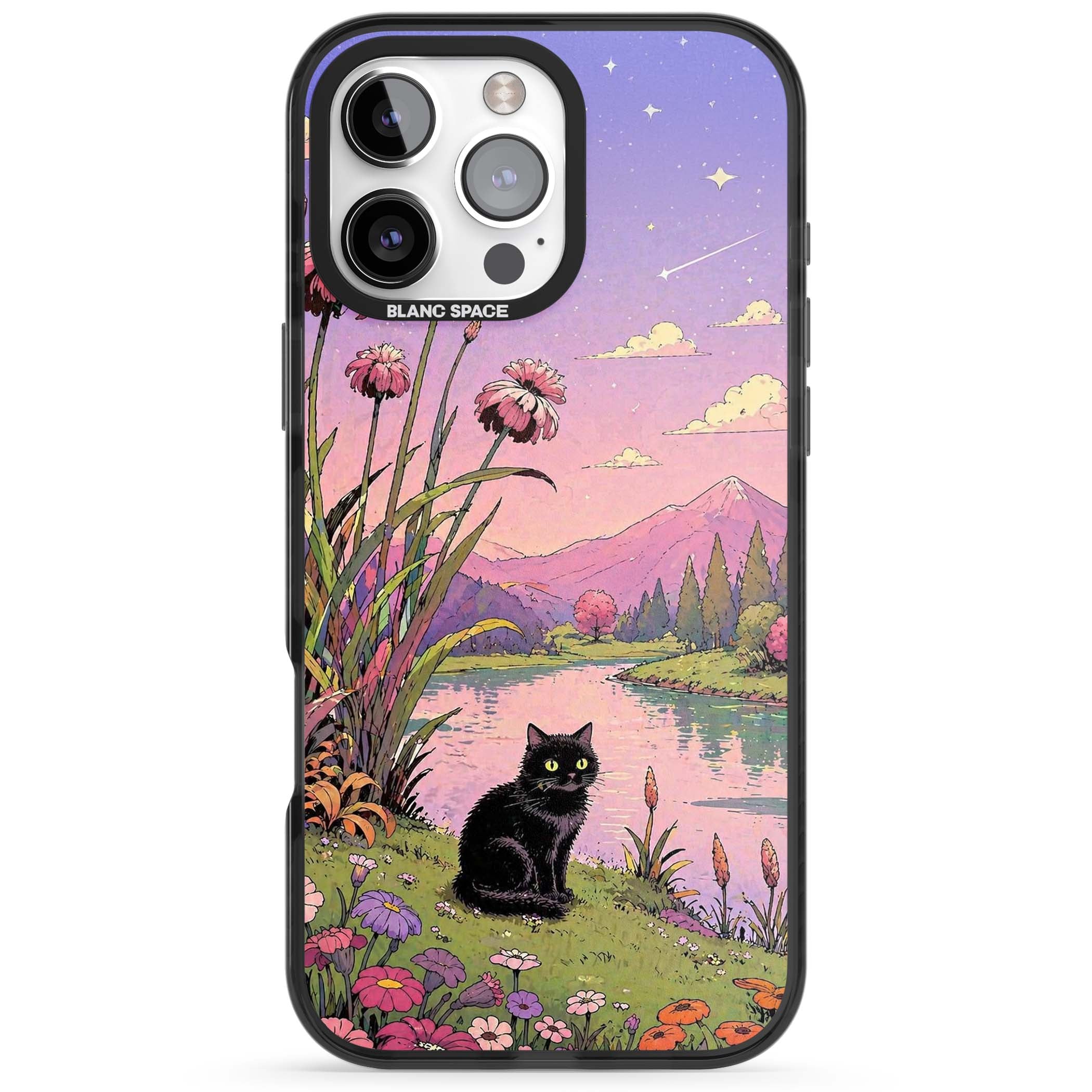 Mystic Whiskers ghibli iPhone case featuring a black cat by a pastel lake, wildflowers and a starry sunset sky | Black Impact case for iPhone 16 Pro, iPhone 16 Pro Max