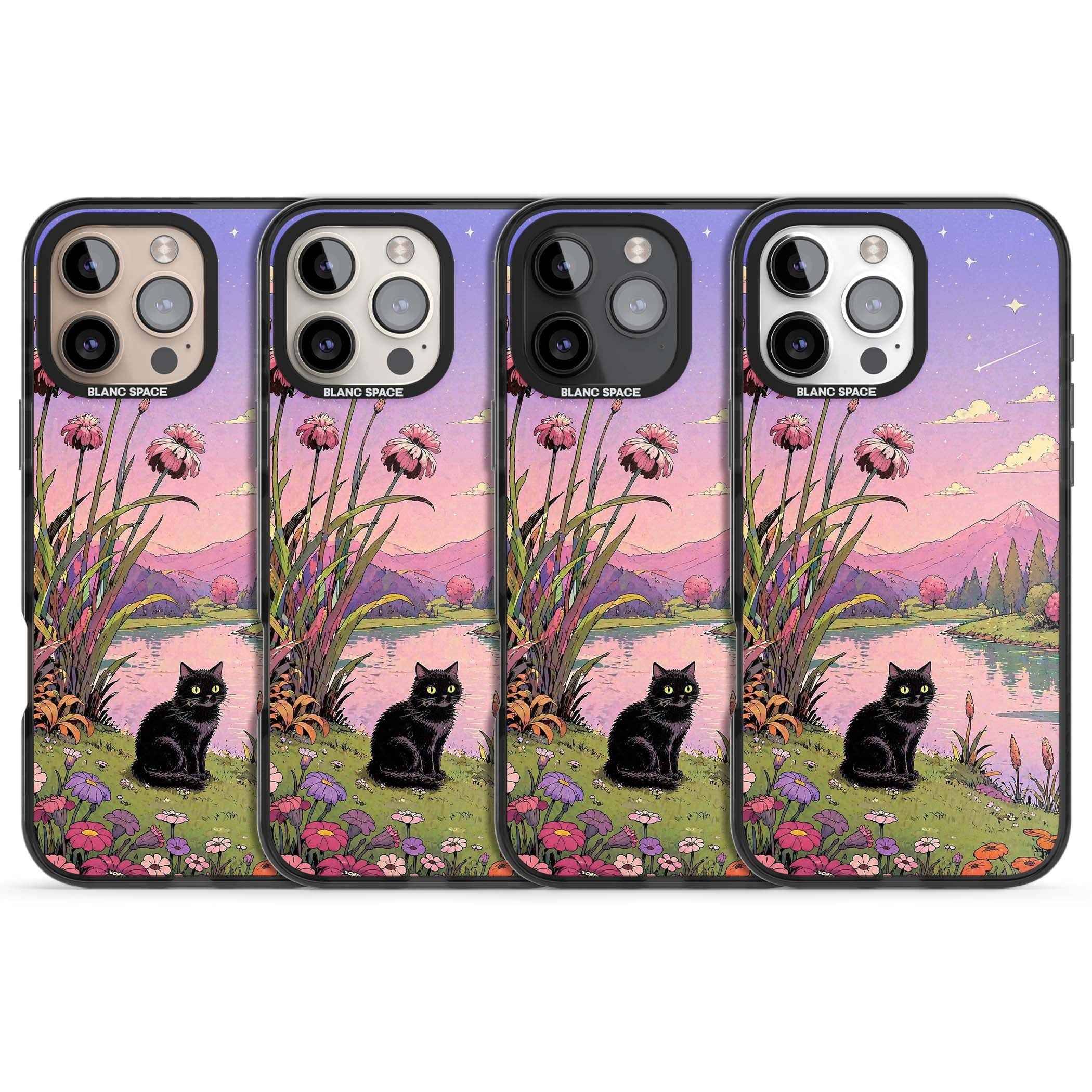 Mystic Whiskers ghibli iPhone case featuring a black cat by a pastel lake, wildflowers and a starry sunset sky | Black Impact case for iPhone 16 Pro, iPhone 16 Pro Max