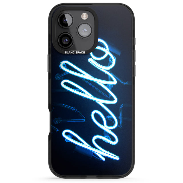 iPhone 16 Pro Max "Hello" Blue Cursive Neon Sign Black Impact Phone Case