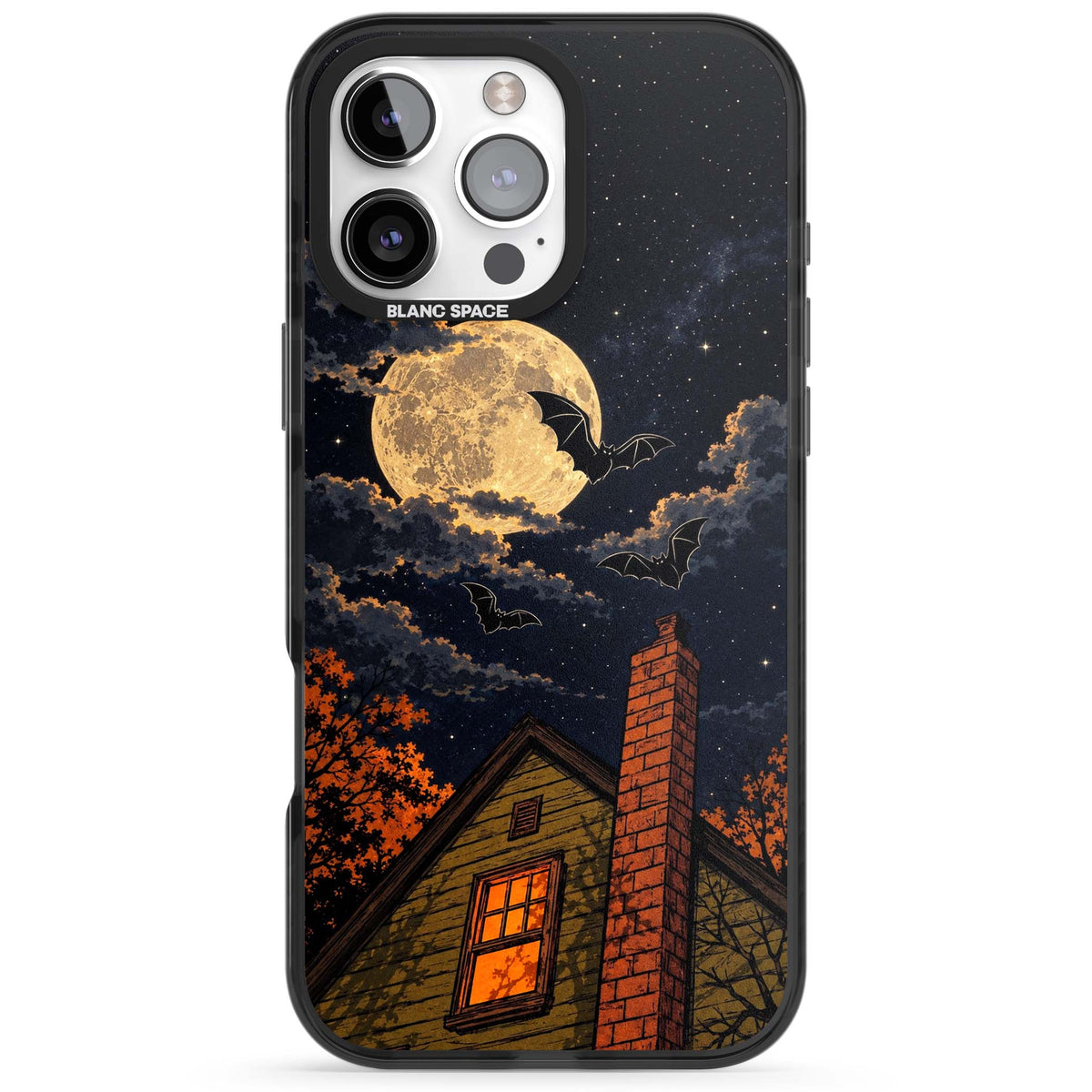 Hollows Eve Halloween iPhone case featuring a haunted house, full moon and flying bats against a starry autumn sky | Black Impact case for iPhone 16 Pro, iPhone 16 Pro Max