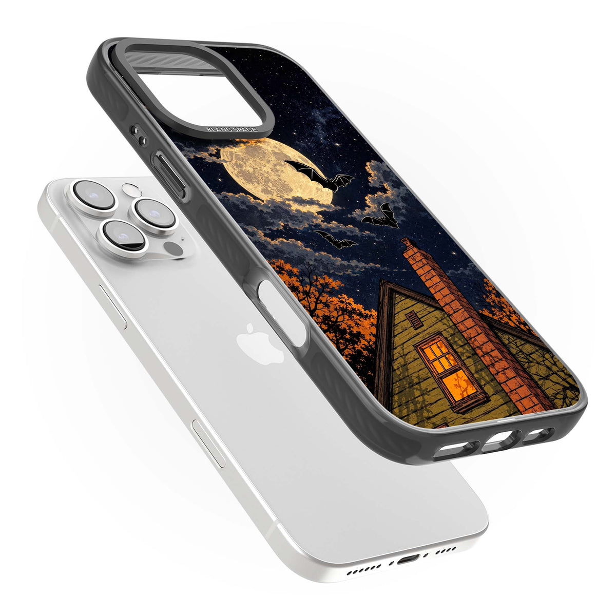 Hollows Eve Halloween iPhone case featuring a haunted house, full moon and flying bats against a starry autumn sky | Black Impact case for iPhone 16 Pro, iPhone 16 Pro Max