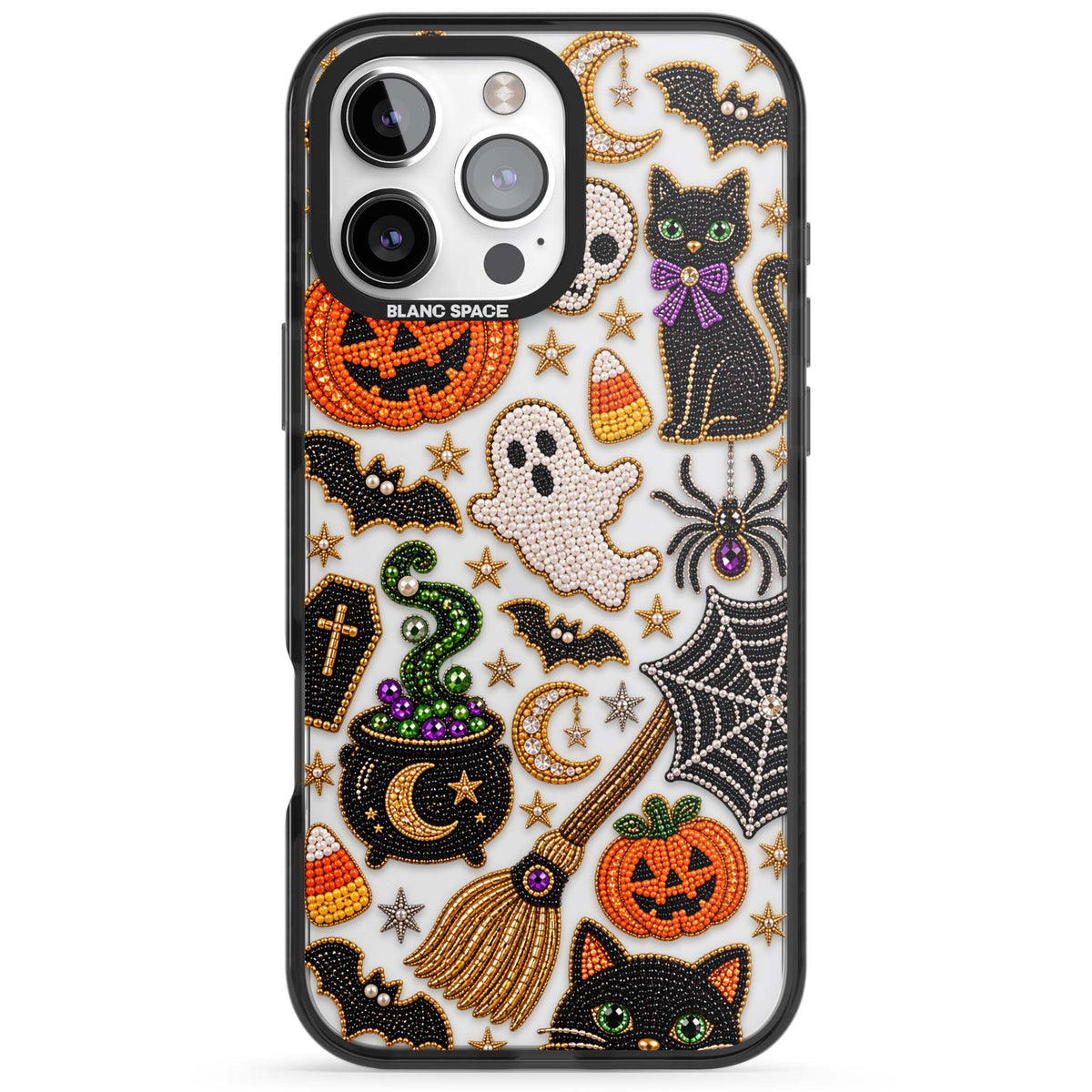 Beaded Halloween Halloween iPhone case featuring beaded pumpkins, ghosts, black cats and bats | Black Impact case for iPhone 16 Pro, iPhone 16 Pro Max