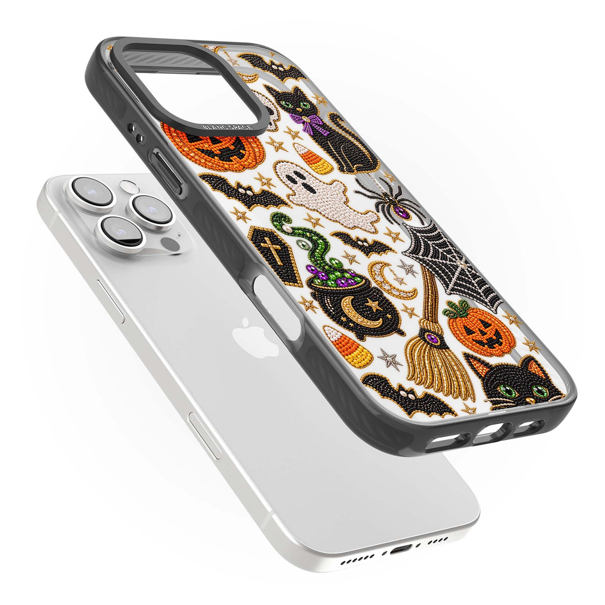 Beaded Halloween Halloween iPhone case featuring beaded pumpkins, ghosts, black cats and bats | Black Impact case for iPhone 16 Pro, iPhone 16 Pro Max