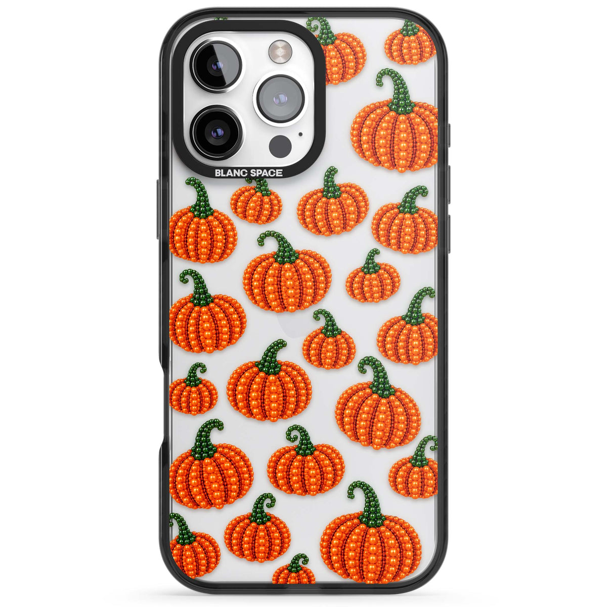 Beaded Pumpkins halloween iPhone case featuring beaded orange pumpkins with green stems on a clear background | Black Impact case for iPhone 16 Pro, iPhone 16 Pro Max