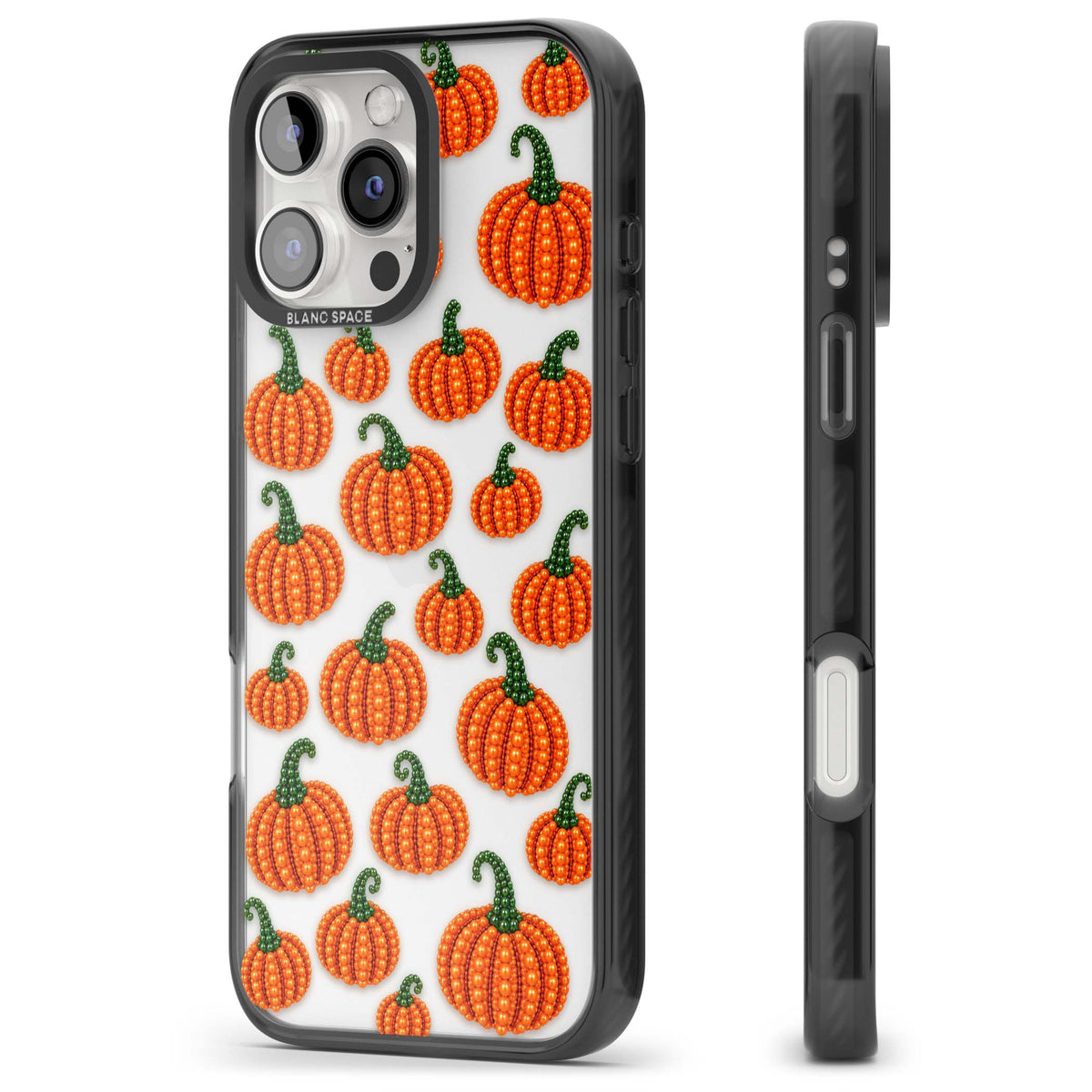 Beaded Pumpkins halloween iPhone case featuring beaded orange pumpkins with green stems on a clear background | Black Impact case for iPhone 16 Pro, iPhone 16 Pro Max