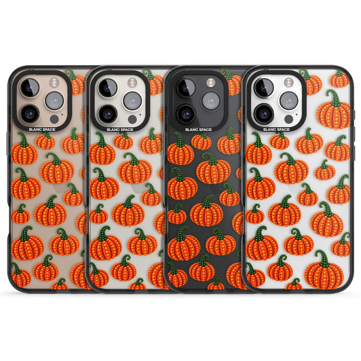 Beaded Pumpkins halloween iPhone case featuring beaded orange pumpkins with green stems on a clear background | Black Impact case for iPhone 16 Pro, iPhone 16 Pro Max
