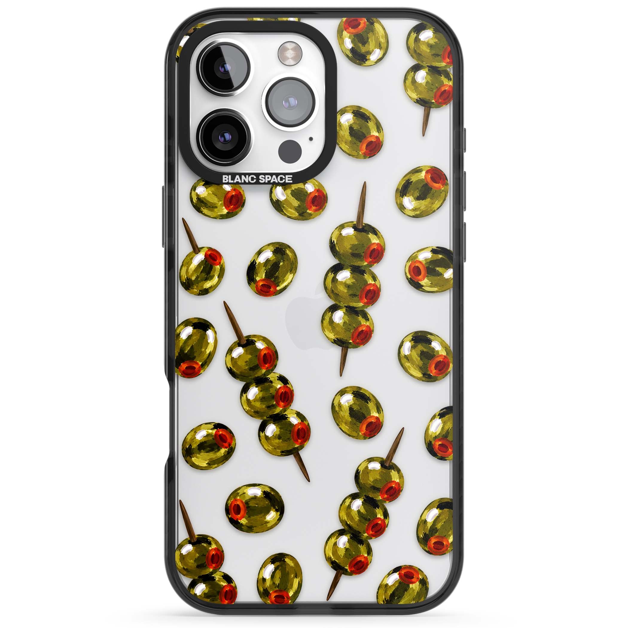 Painted Olives cocktail iPhone case featuring green olives, pimento centres and toothpick skewers on a clear background | Black Impact case for iPhone 16 Pro, iPhone 16 Pro Max