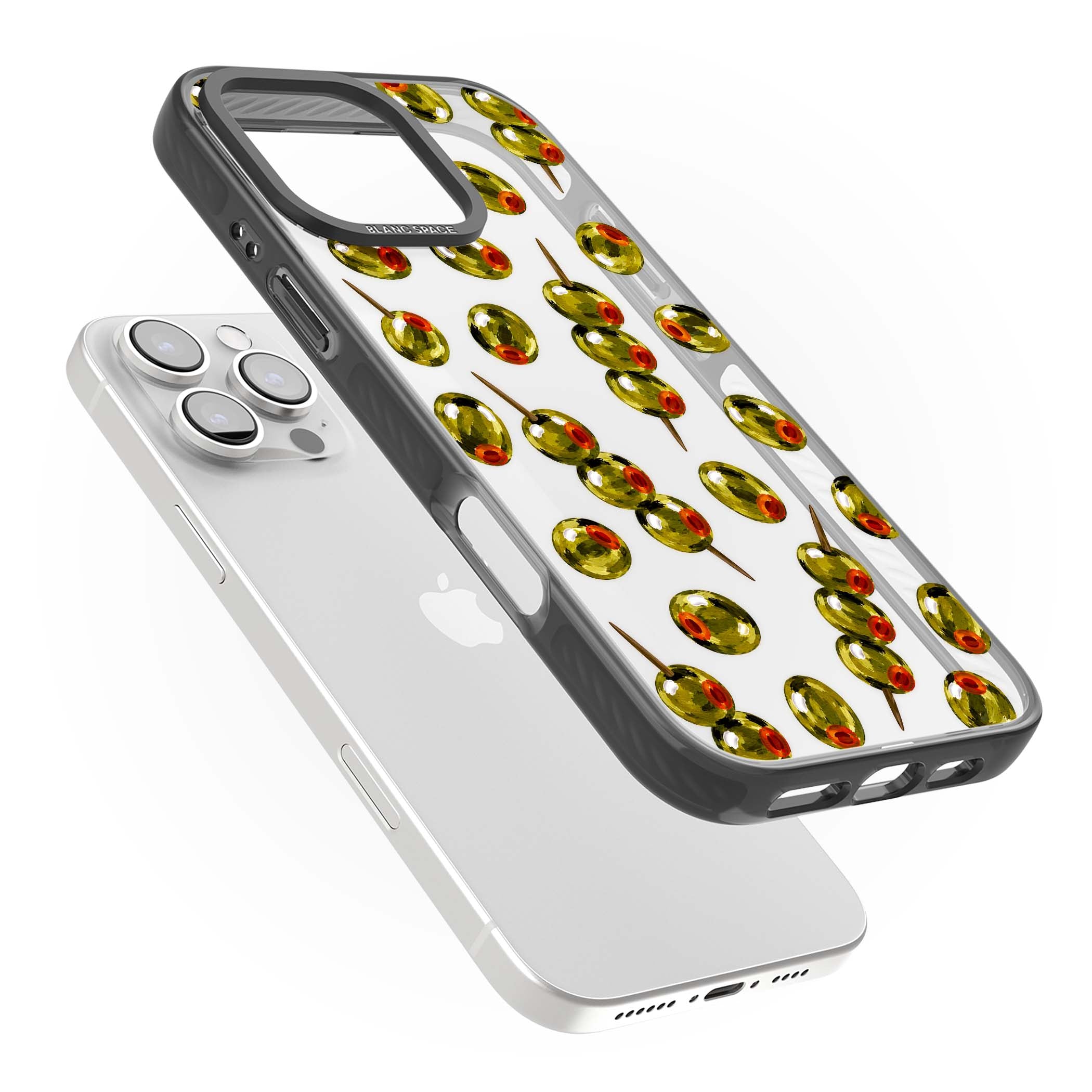 Painted Olives cocktail iPhone case featuring green olives, pimento centres and toothpick skewers on a clear background | Black Impact case for iPhone 16 Pro, iPhone 16 Pro Max