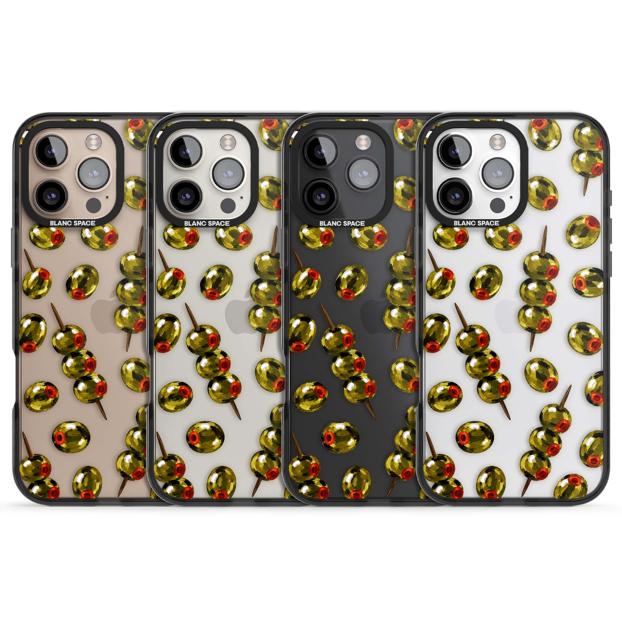 Painted Olives cocktail iPhone case featuring green olives, pimento centres and toothpick skewers on a clear background | Black Impact case for iPhone 16 Pro, iPhone 16 Pro Max