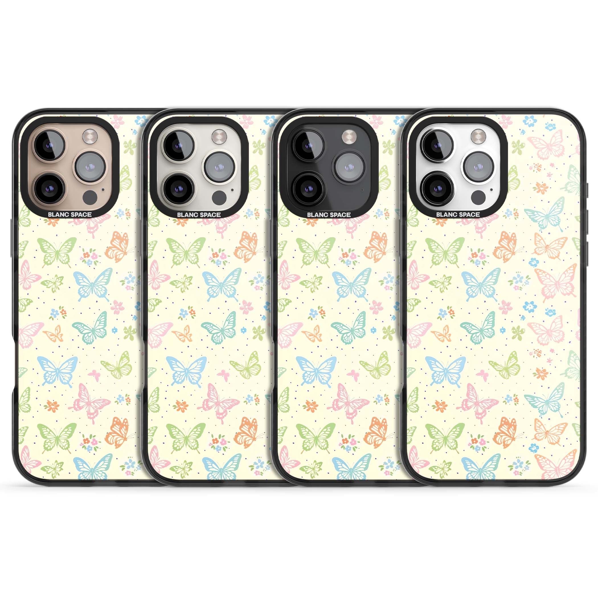 Sugar Wings cottagecore iPhone case featuring rainbow pastel butterflies, tiny wildflowers, and a cream background | Black Impact case for iPhone 16 Pro, iPhone 16 Pro Max