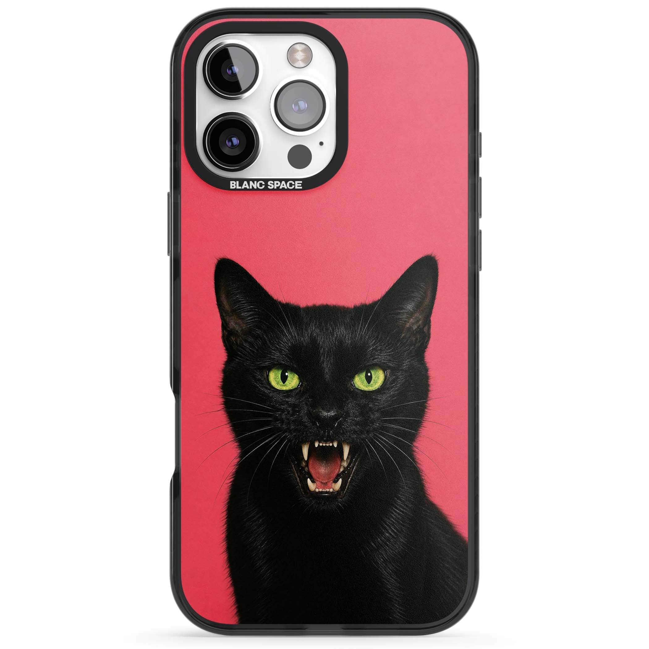 Hissin' Baddie black cat iPhone case featuring a hissing feline with green eyes on a hot pink background | Black Impact case for iPhone 16 Pro, iPhone 16 Pro Max