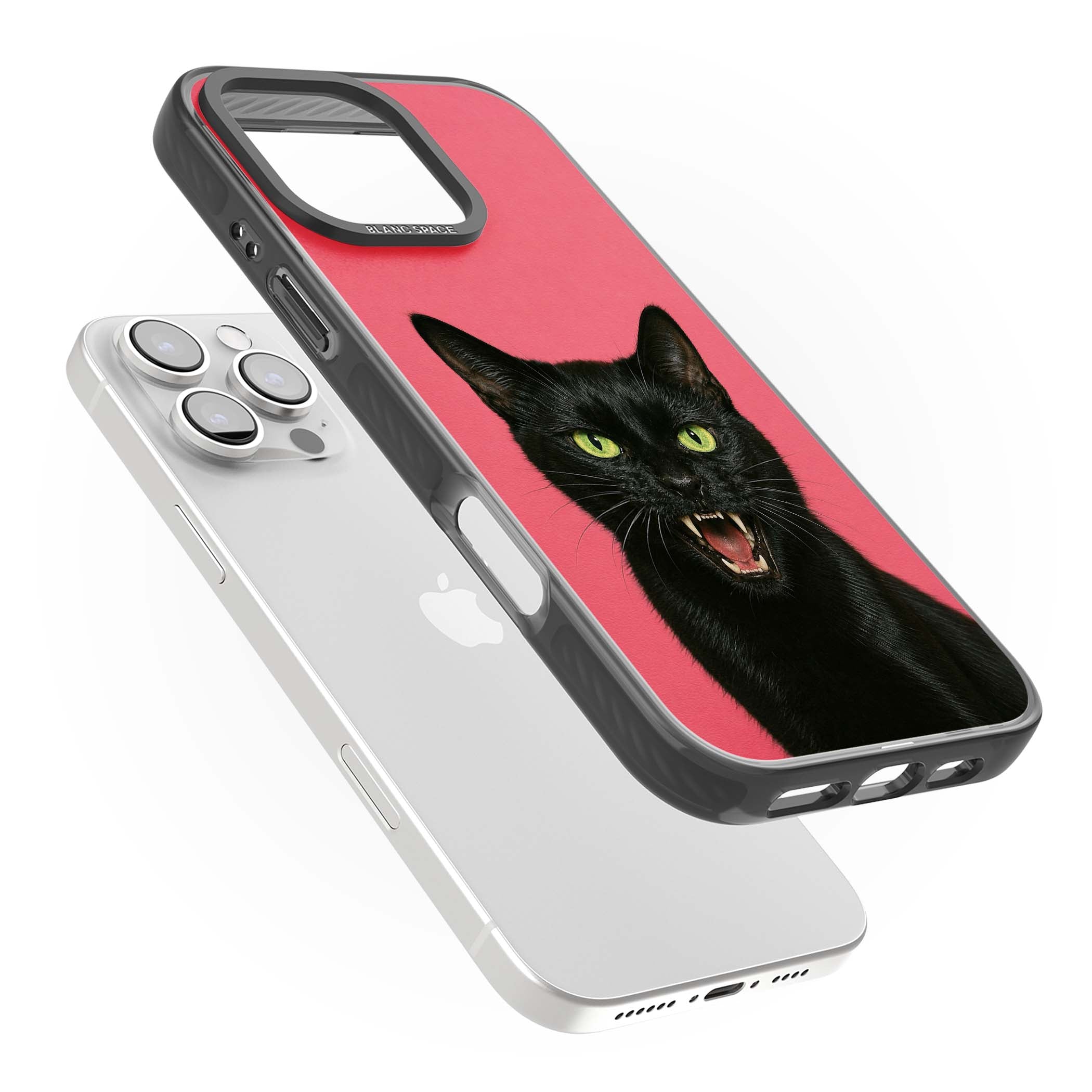 Hissin' Baddie black cat iPhone case featuring a hissing feline with green eyes on a hot pink background | Black Impact case for iPhone 16 Pro, iPhone 16 Pro Max