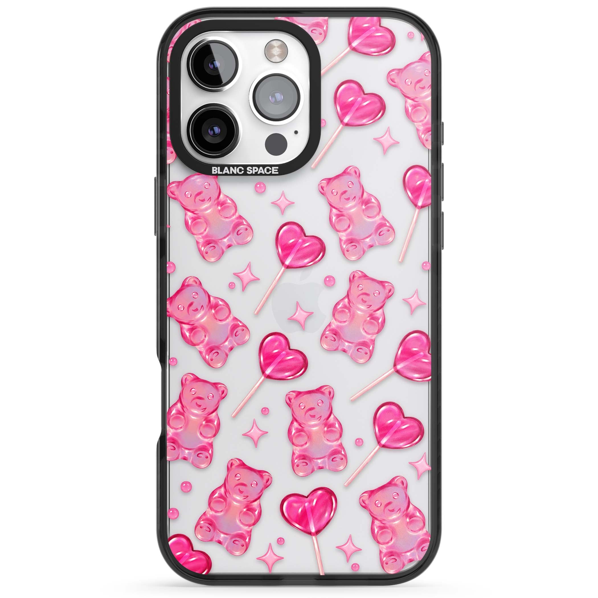 Pink Sugar pinkcore iPhone case featuring pink gummy bears, heart-shaped lollipops and sparkle stars | Black Impact case for iPhone 16 Pro, iPhone 16 Pro Max