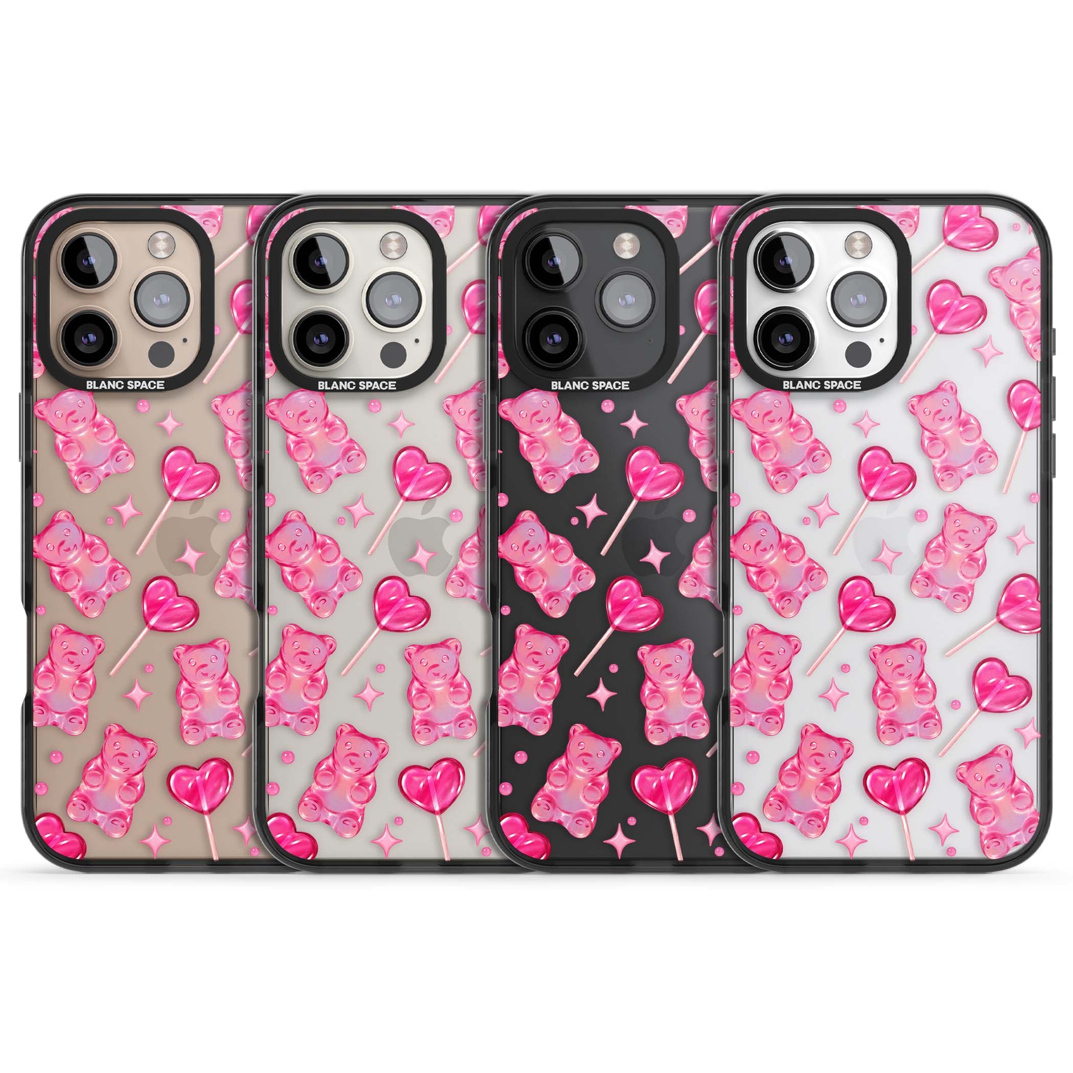 Pink Sugar pinkcore iPhone case featuring pink gummy bears, heart-shaped lollipops and sparkle stars | Black Impact case for iPhone 16 Pro, iPhone 16 Pro Max