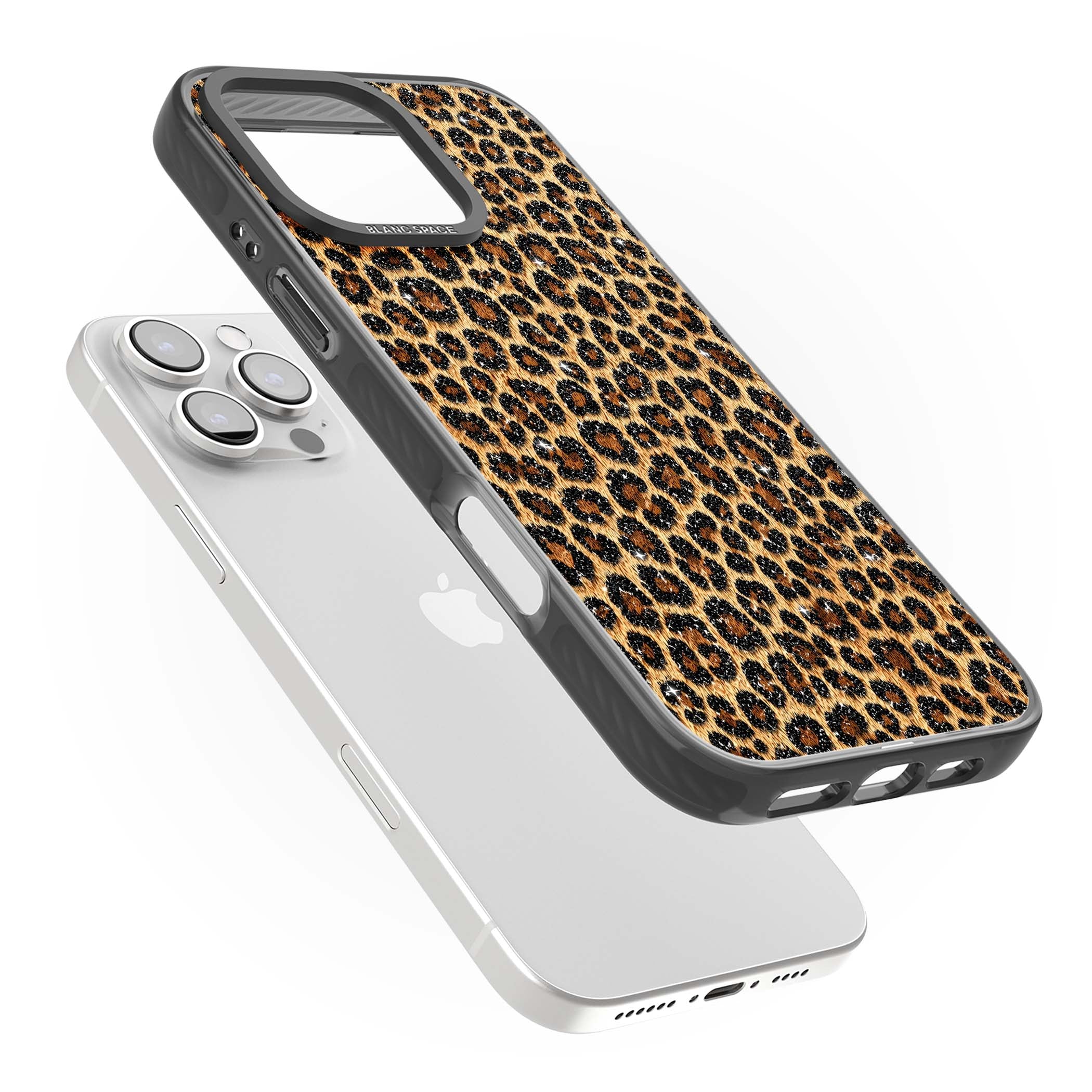 Diamond Leopard leopard print iPhone case featuring golden tan fur, black rosette spots and subtle glitter sparkle | Black Impact case for iPhone 16 Pro, iPhone 16 Pro Max