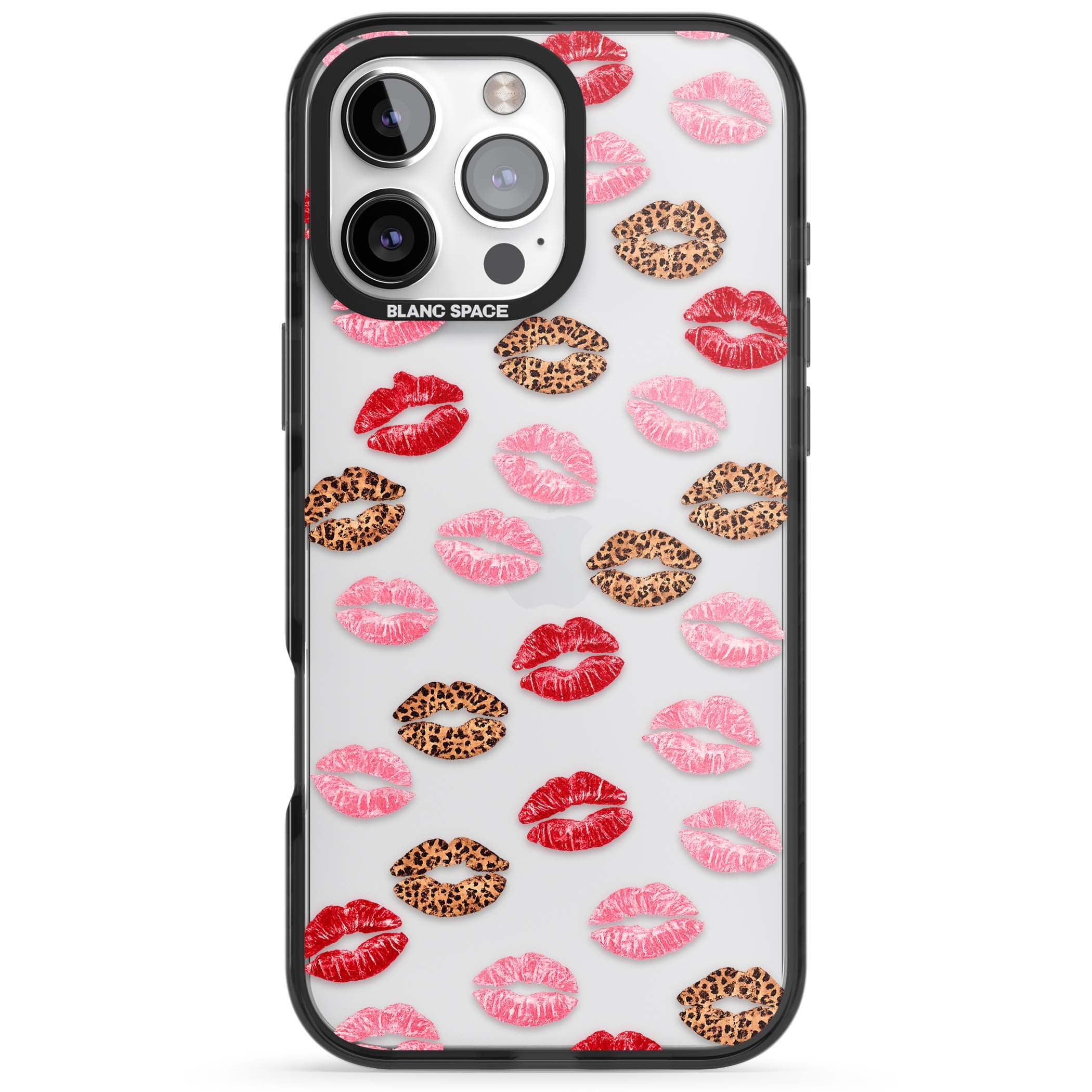 Wild Kisses coquette iPhone case featuring red, pink and leopard print lipstick kiss marks on a clear background | Black Impact case for iPhone 16 Pro, iPhone 16 Pro Max