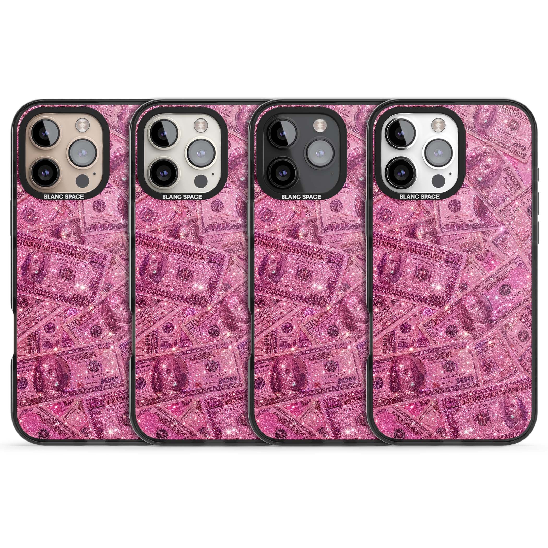Glamorous baddie iPhone case featuring pink glitter hundred dollar bills and sparkling money wallpaper design | Black Impact case for iPhone 16 Pro, iPhone 16 Pro Max