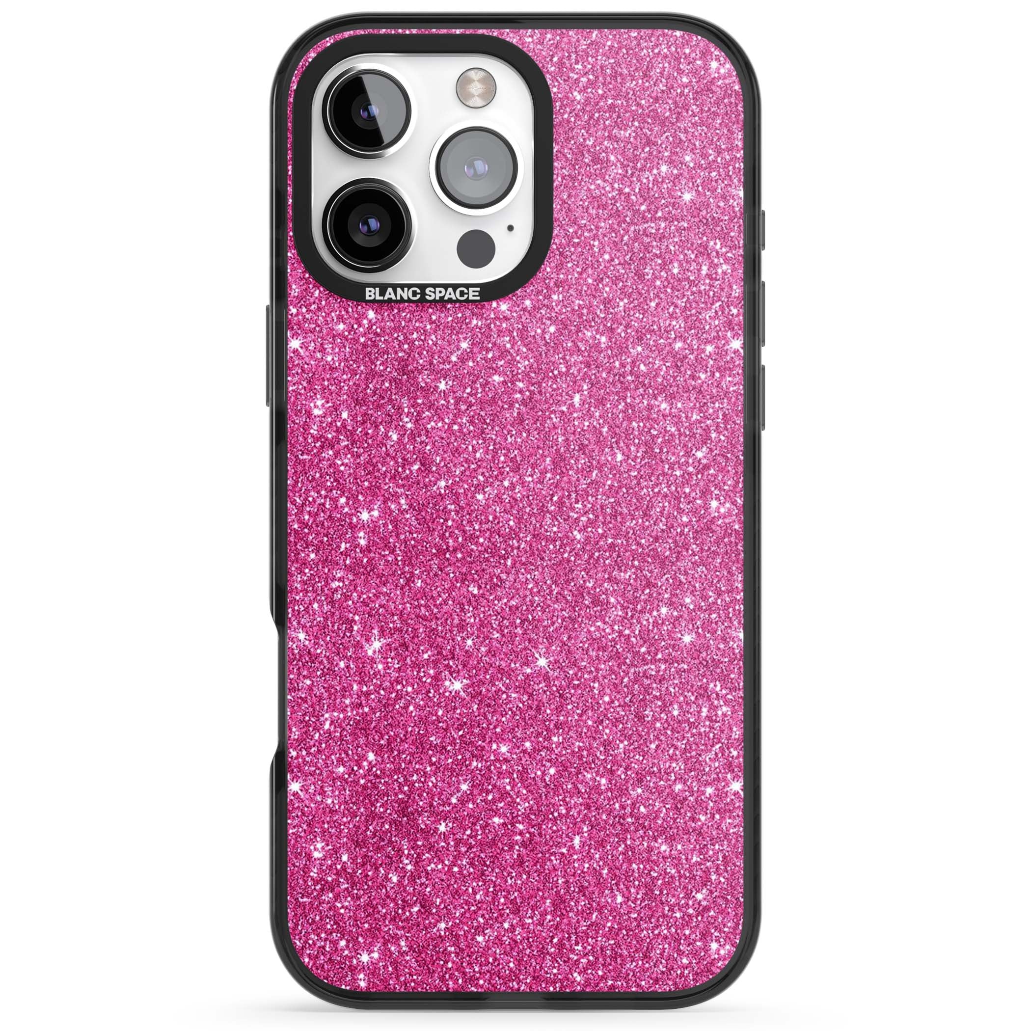 Pink Glitter Y2K iPhone case featuring hot pink glitter wallpaper with sparkle shimmer effect | Black Impact case for iPhone 16 Pro, iPhone 16 Pro Max