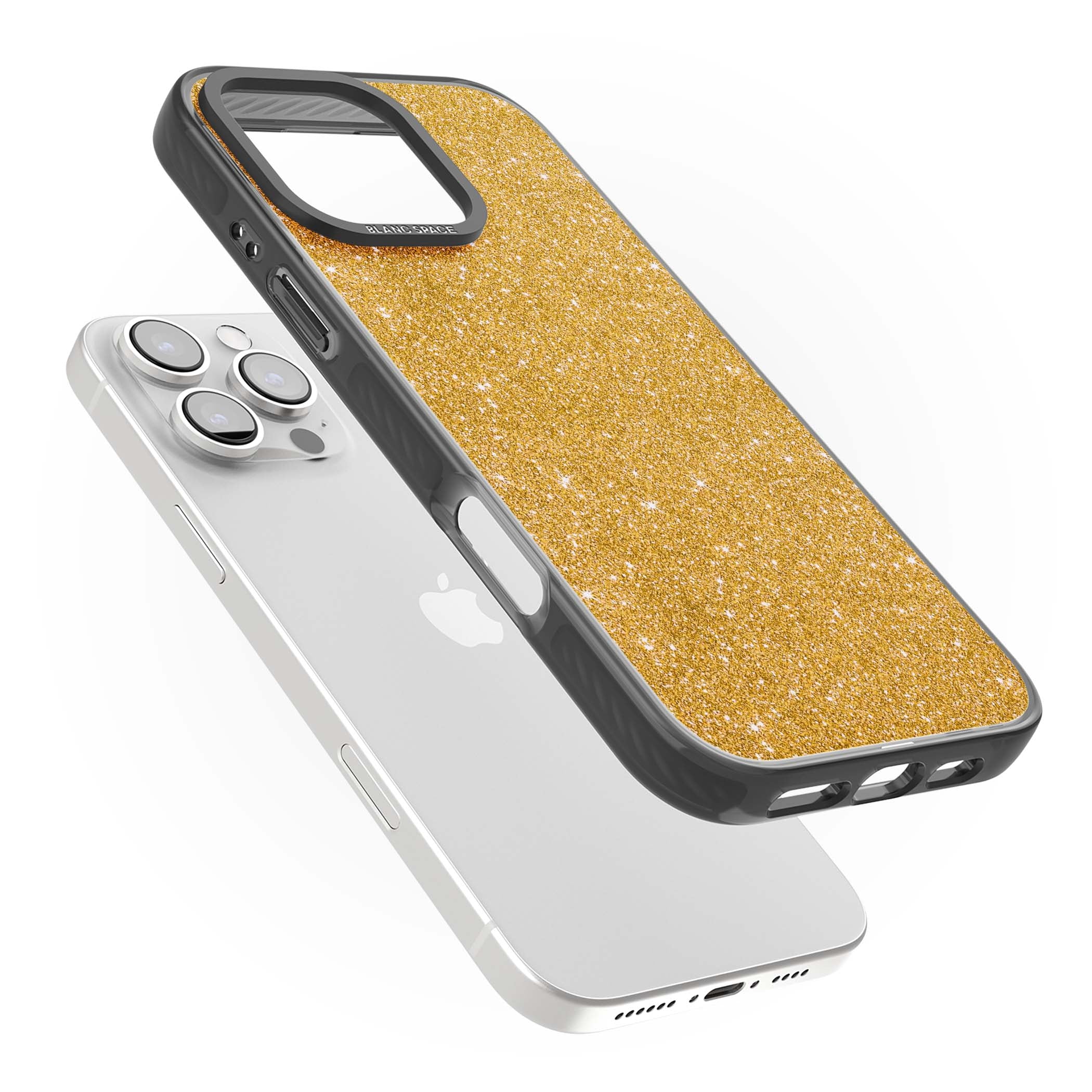 Gold Glitter gold glitter iPhone case featuring a shimmering sparkle wallpaper design in luxury gold | Black Impact case for iPhone 16 Pro, iPhone 16 Pro Max