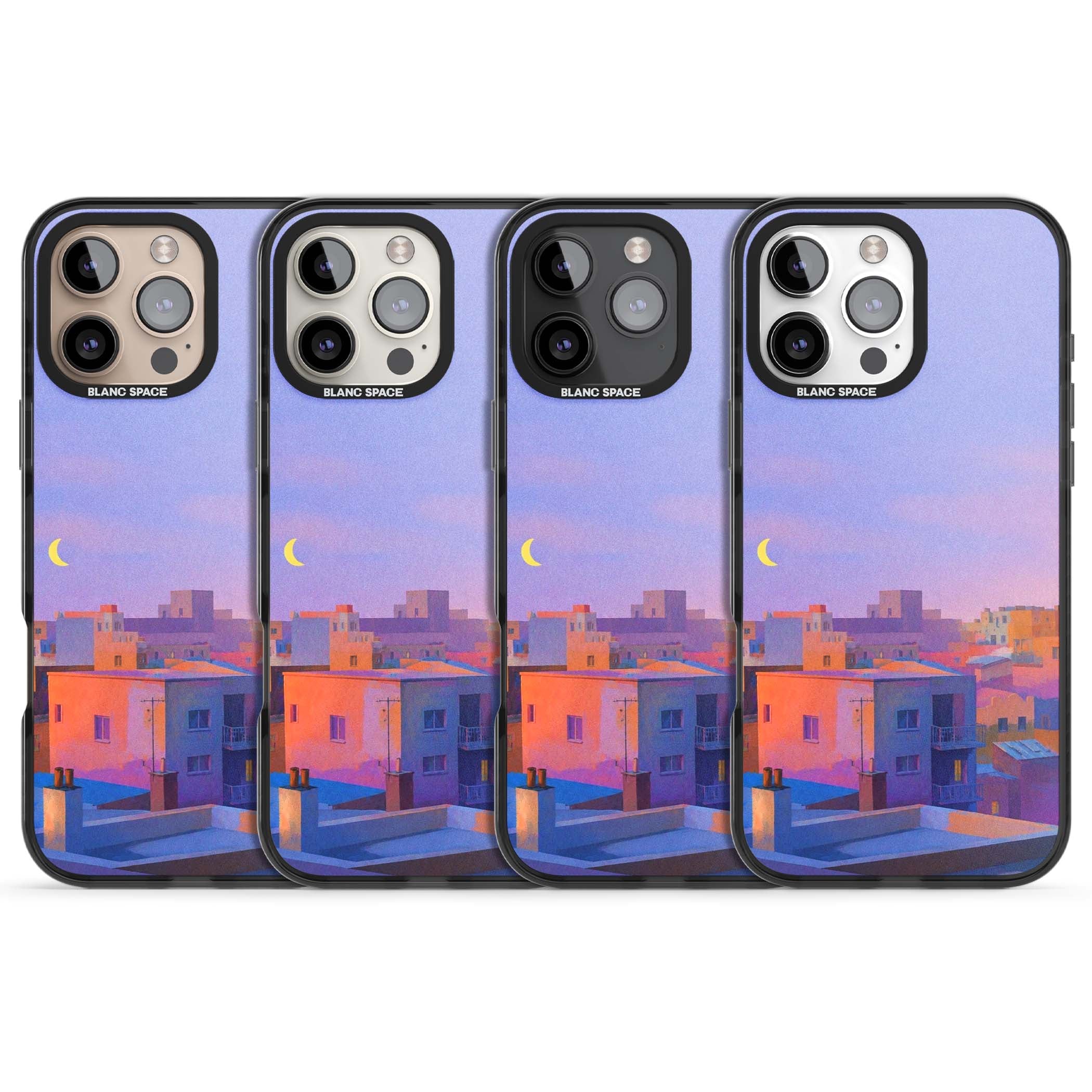 Twilight Rooftops vaporwave iPhone case featuring a pastel sunset cityscape, painted rooftops and a crescent moon. | Black Impact case for iPhone 16 Pro, iPhone 16 Pro Max