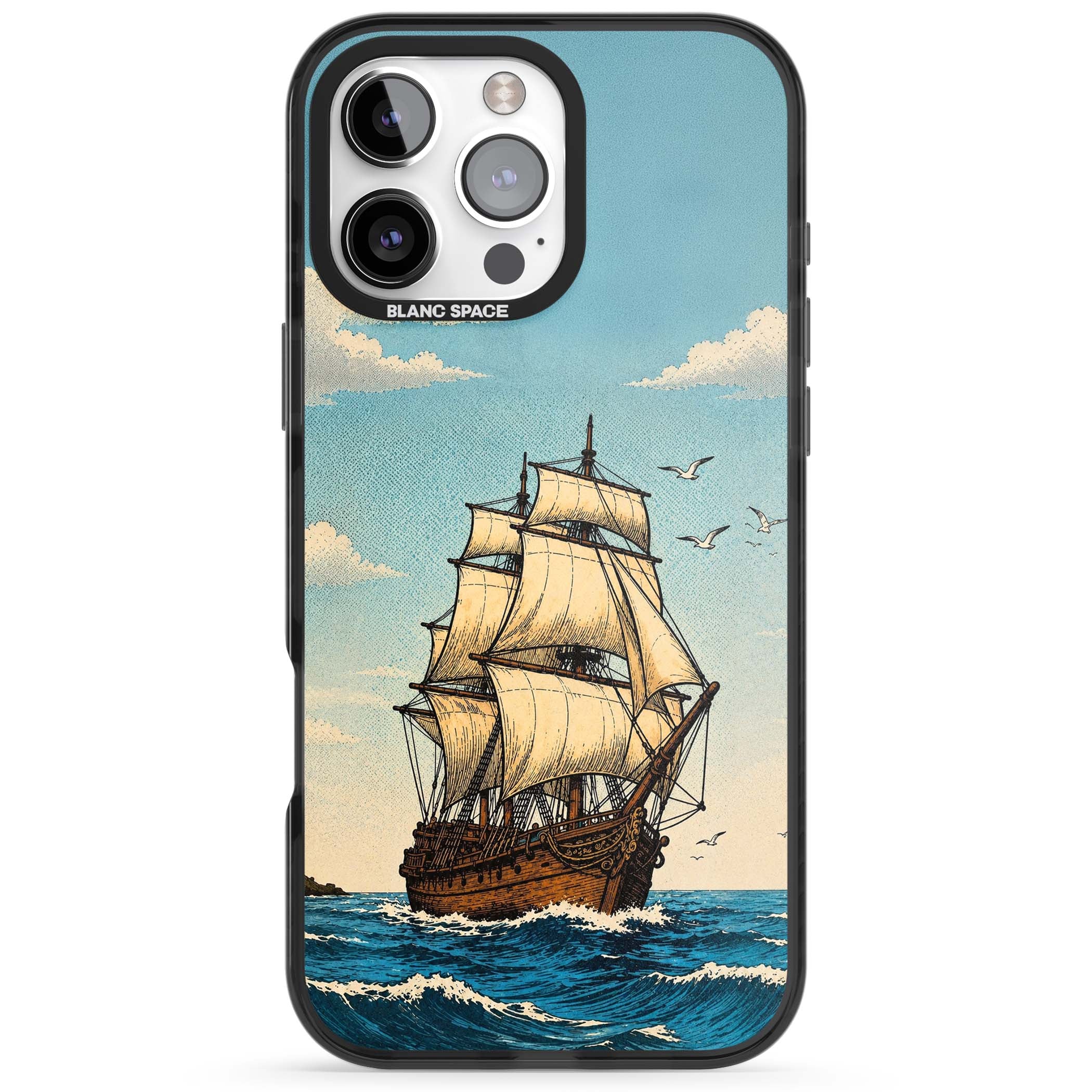 Ship at Sea nautical iPhone case featuring a vintage tall ship, ocean waves and seagulls | Black Impact case for iPhone 16 Pro, iPhone 16 Pro Max