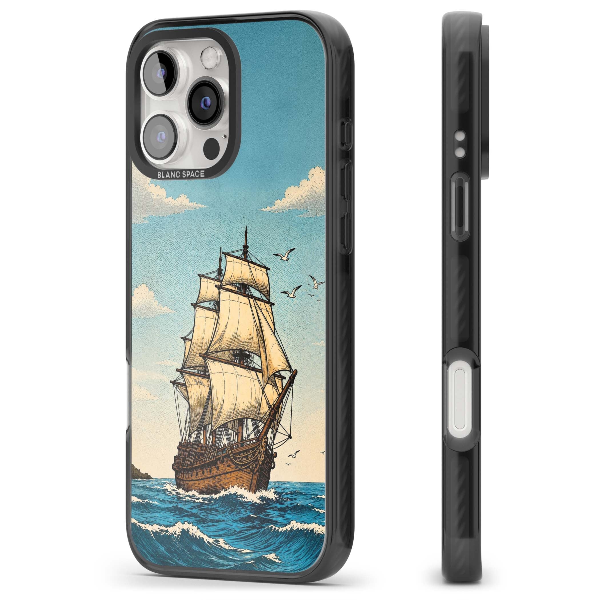 Ship at Sea nautical iPhone case featuring a vintage tall ship, ocean waves and seagulls | Black Impact case for iPhone 16 Pro, iPhone 16 Pro Max
