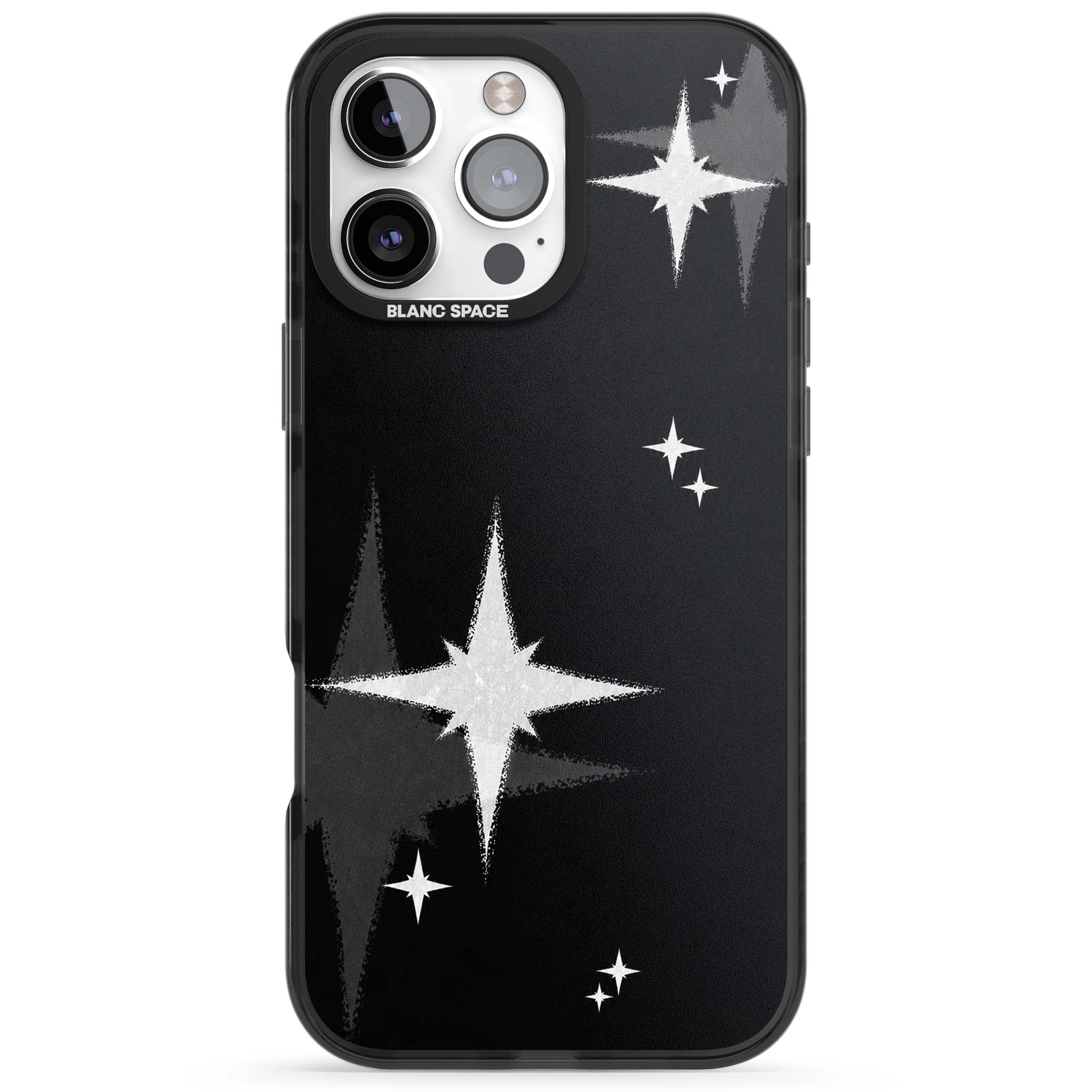 Black Sparkle celestial iPhone case featuring white sparkle stars on a black night sky background | Black Impact case for iPhone 16 Pro, iPhone 16 Pro Max