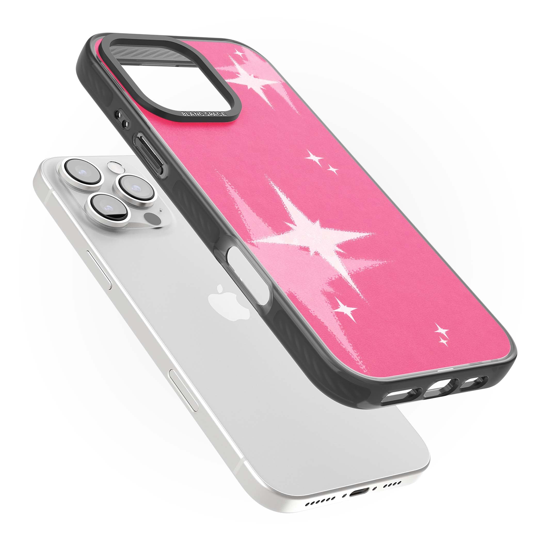 Pink Sparkle Y2K iPhone case featuring hot pink background with shimmering white starburst pattern | Black Impact case for iPhone 16 Pro, iPhone 16 Pro Max