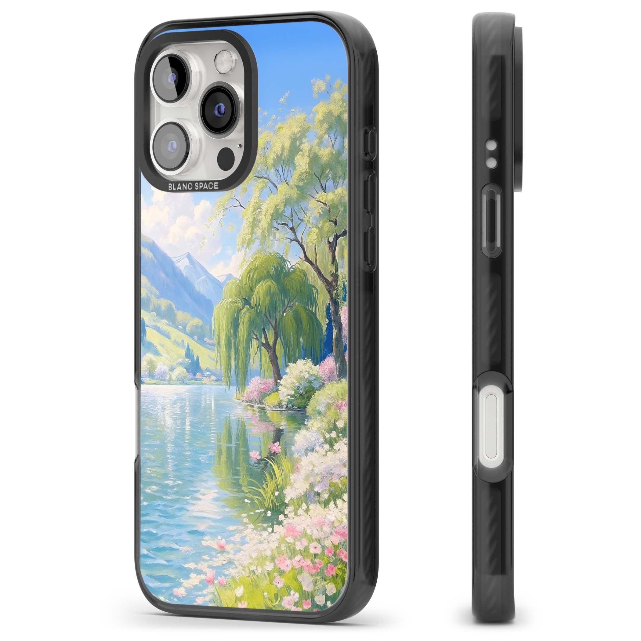 Willow Lake cottagecore iPhone case featuring a painted lakeside with weeping willow, blossoms and distant mountains | Black Impact case for iPhone 16 Pro, iPhone 16 Pro Max