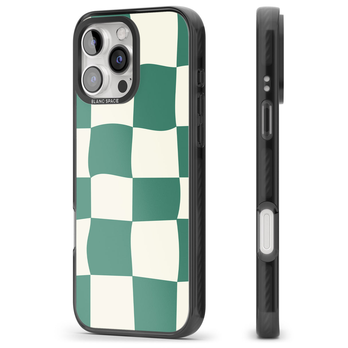 iPhone 16 Pro Max Green & Cream Wavy Check Black Impact Phone Case + Magsafe