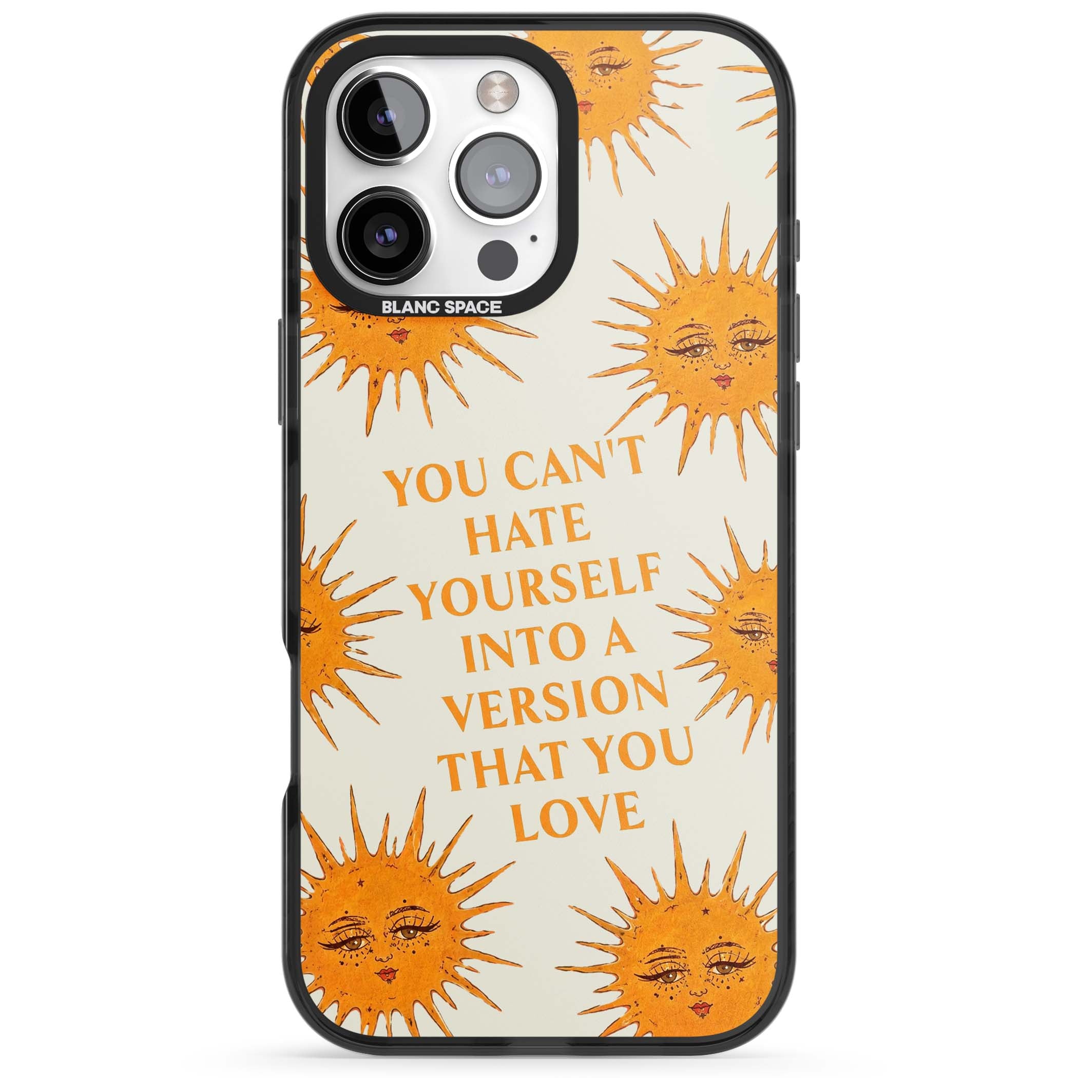 Don't Hate Yourself celestial iPhone case featuring vintage sun faces, ochre rays and a self-love quote | Black Impact case for iPhone 16 Pro, iPhone 16 Pro Max