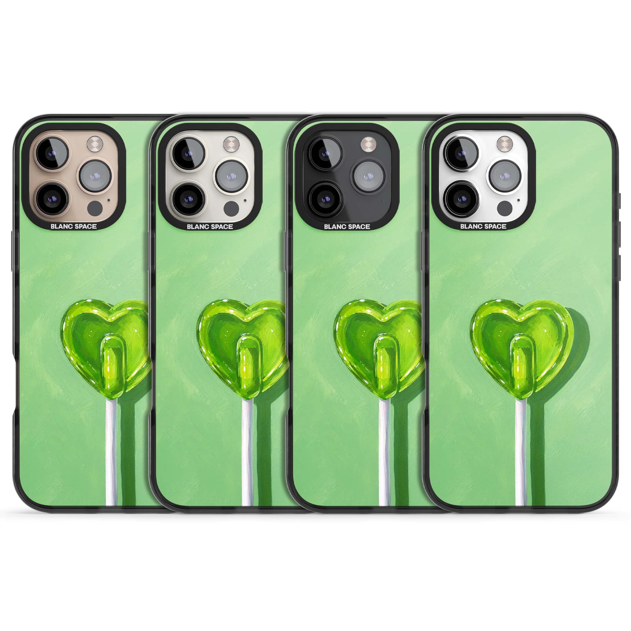 Green Lollipop candy art iPhone case featuring a glossy green heart-shaped lollipop on a painted pastel green background | Black Impact case for iPhone 16 Pro, iPhone 16 Pro Max