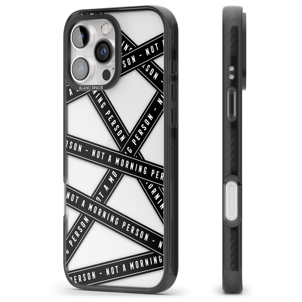 iPhone 16 Pro Max Caution Tape (Clear) Not a Morning Person Black Impact Phone Case