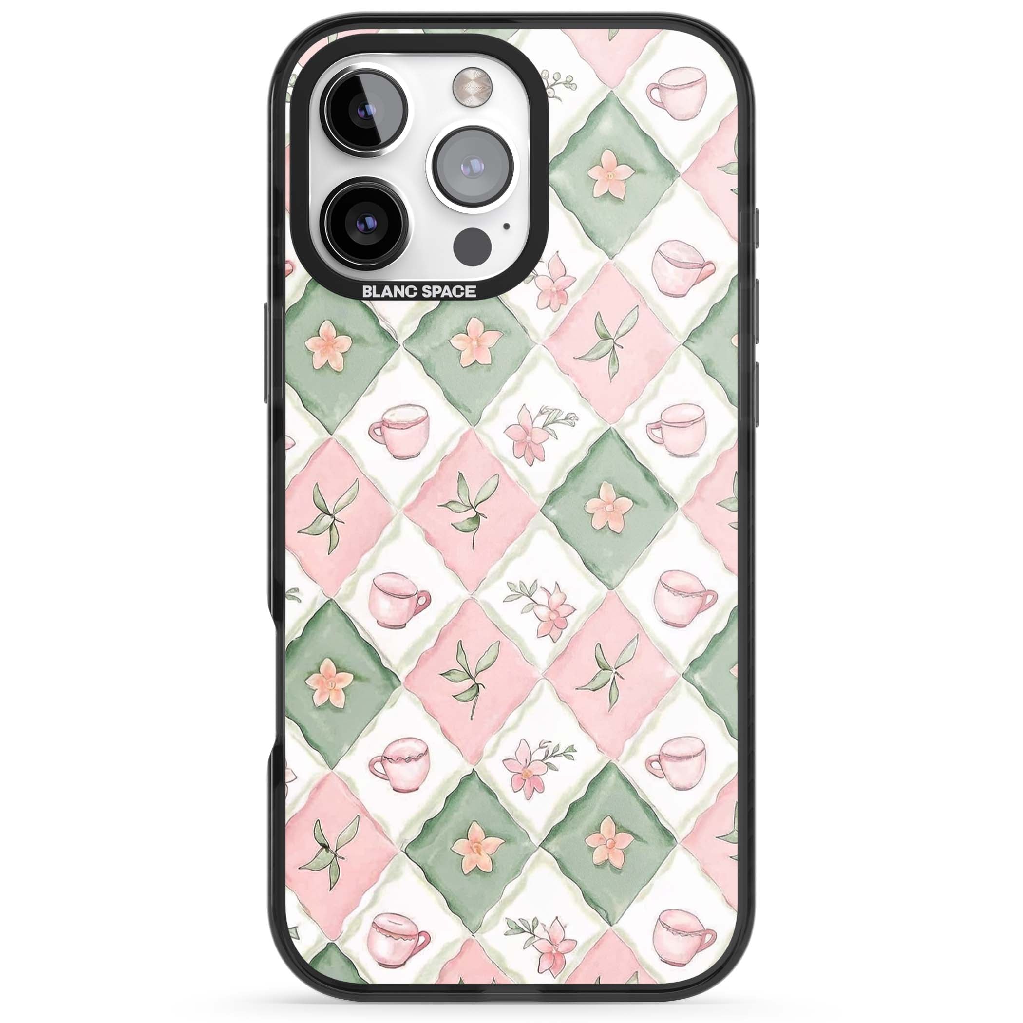 Garden Tea Party coquette iPhone case with pink and green checkered pattern, watercolour teacups and wildflowers | Black Impact case for iPhone 16 Pro, iPhone 16 Pro Max