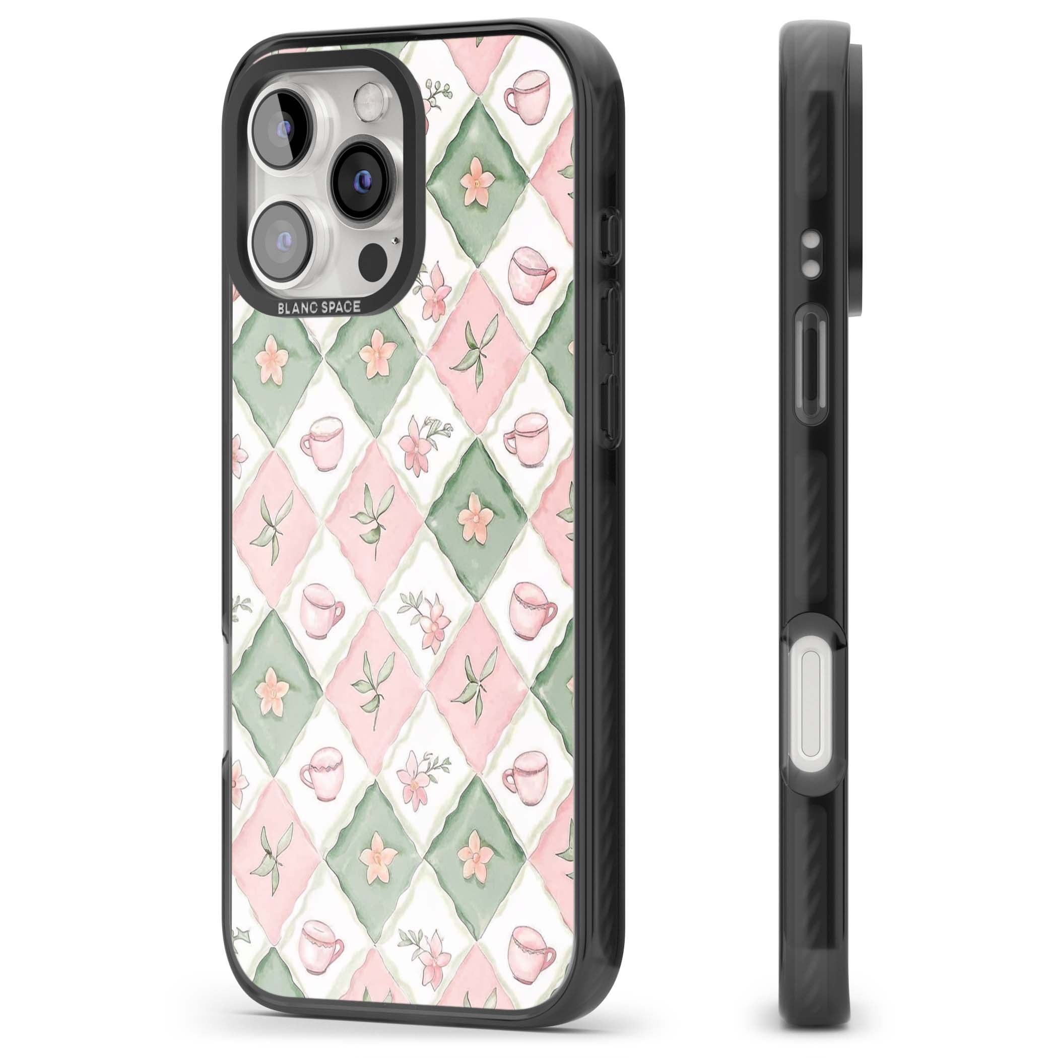Garden Tea Party coquette iPhone case with pink and green checkered pattern, watercolour teacups and wildflowers | Black Impact case for iPhone 16 Pro, iPhone 16 Pro Max