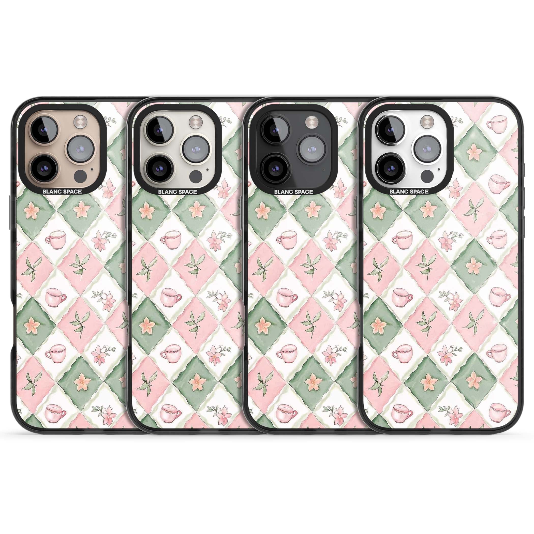 Garden Tea Party coquette iPhone case with pink and green checkered pattern, watercolour teacups and wildflowers | Black Impact case for iPhone 16 Pro, iPhone 16 Pro Max