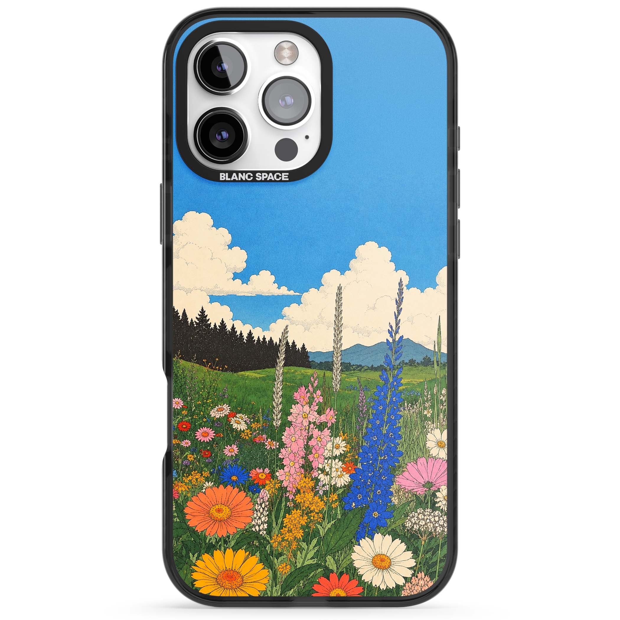 Wildbloom wildflower iPhone case featuring a vintage Japanese-style meadow landscape with daisies, delphiniums and moun | Black Impact case for iPhone 16 Pro, iPhone 16 Pro Max