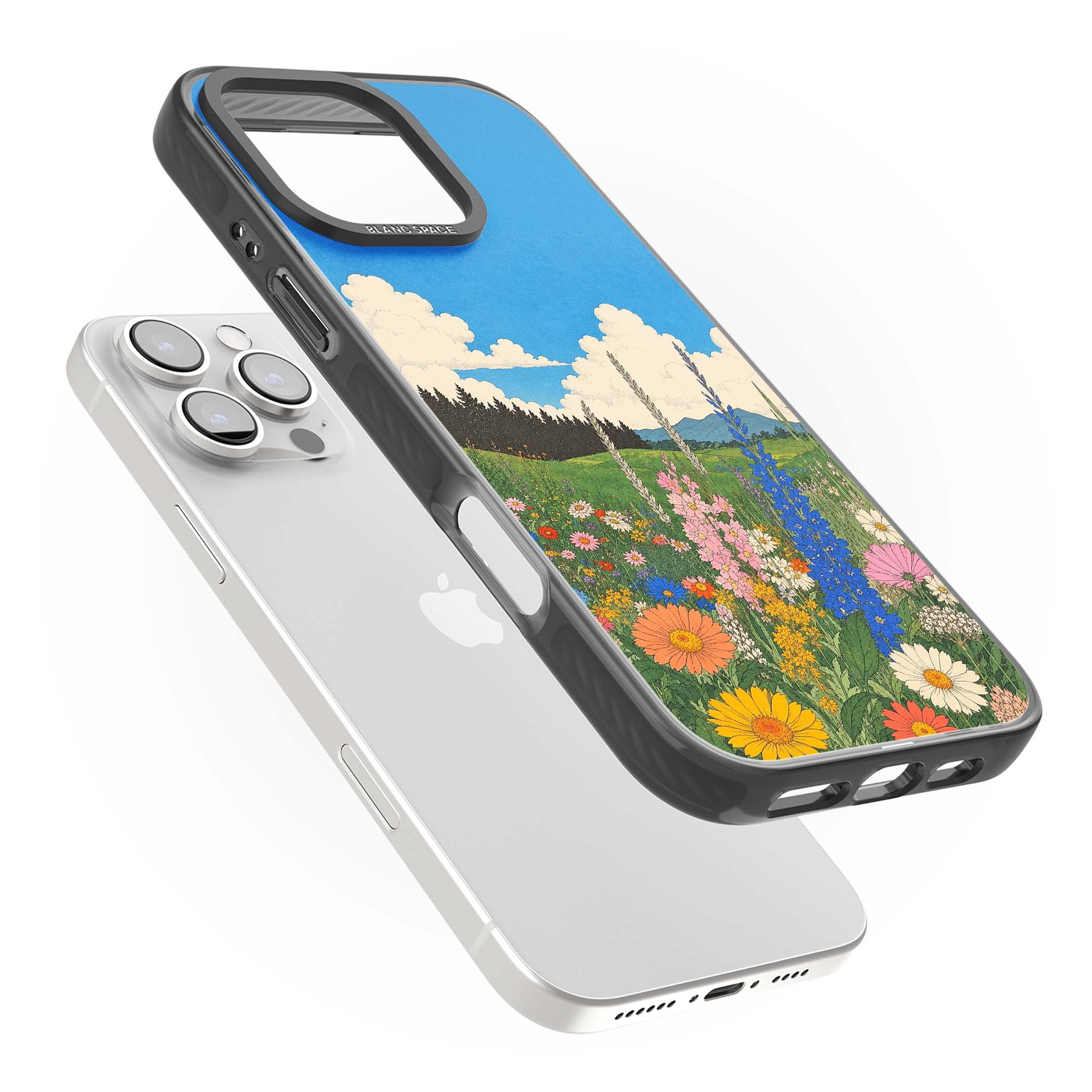Wildbloom wildflower iPhone case featuring a vintage Japanese-style meadow landscape with daisies, delphiniums and moun | Black Impact case for iPhone 16 Pro, iPhone 16 Pro Max
