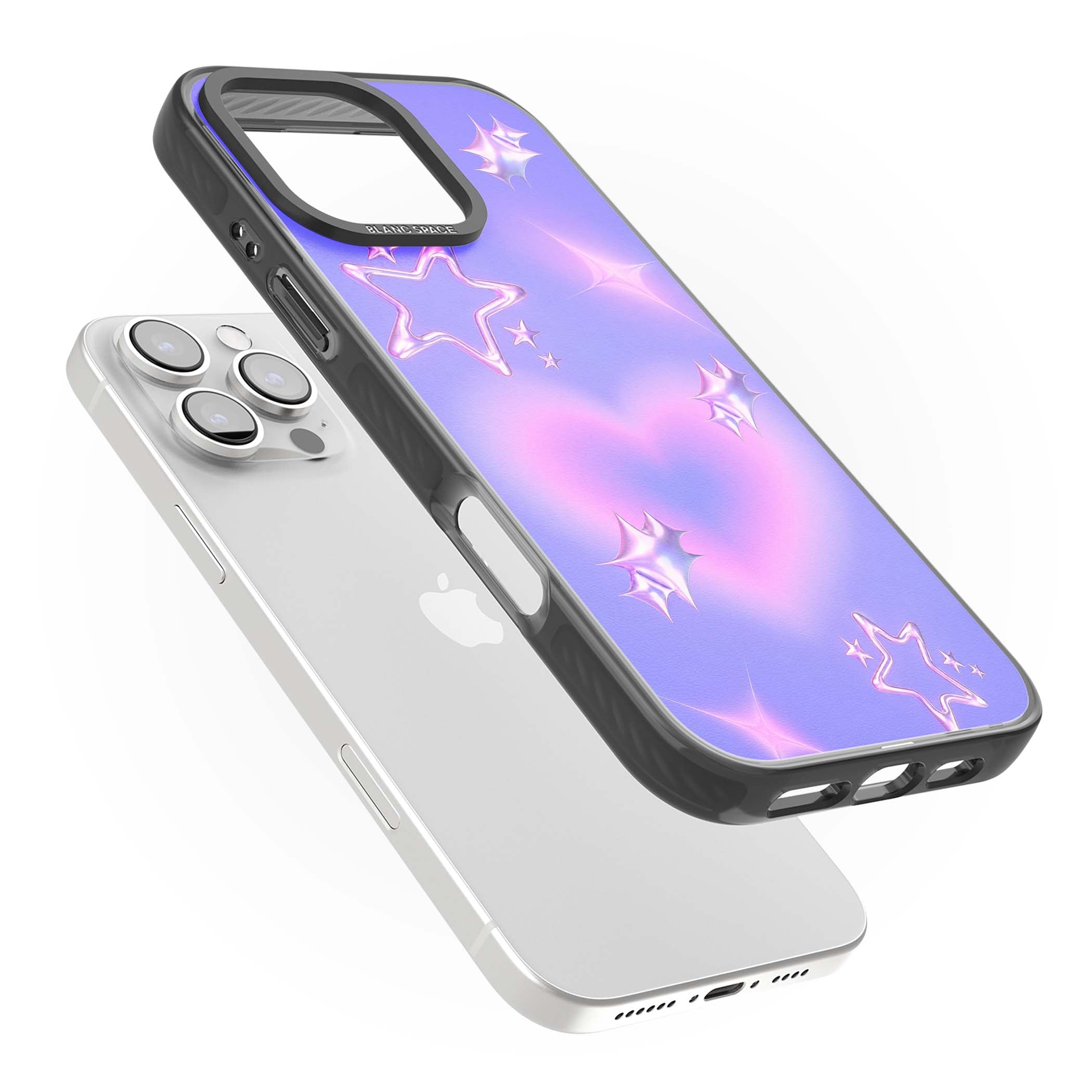 Soft Sugar Y2K iPhone case featuring iridescent chrome hearts, metallic pink stars and a lavender gradient sky | Black Impact case for iPhone 16 Pro, iPhone 16 Pro Max