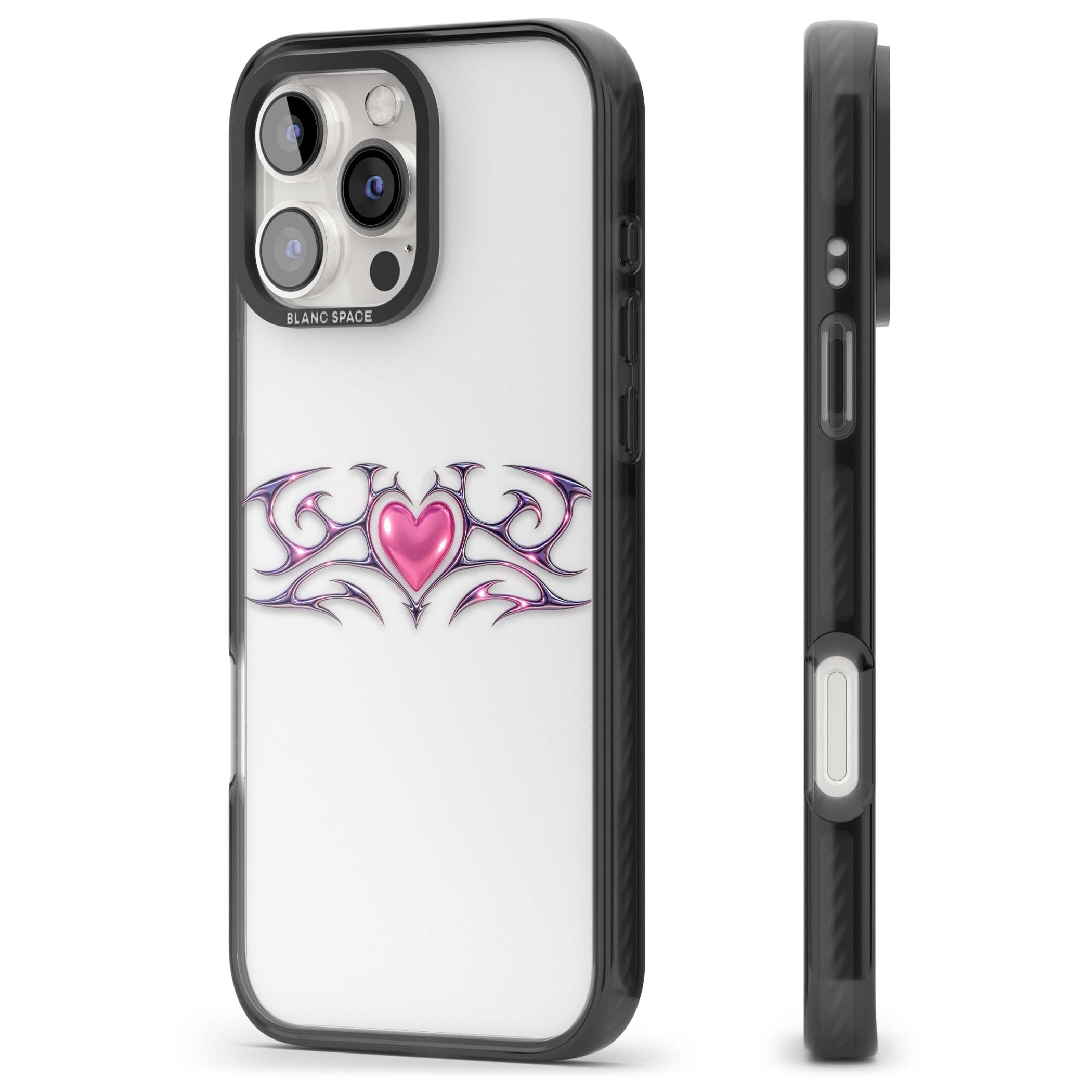 Pink Chrome Heart y2k iPhone case | Black Impact case for iPhone 16 Pro, iPhone 16 Pro Max