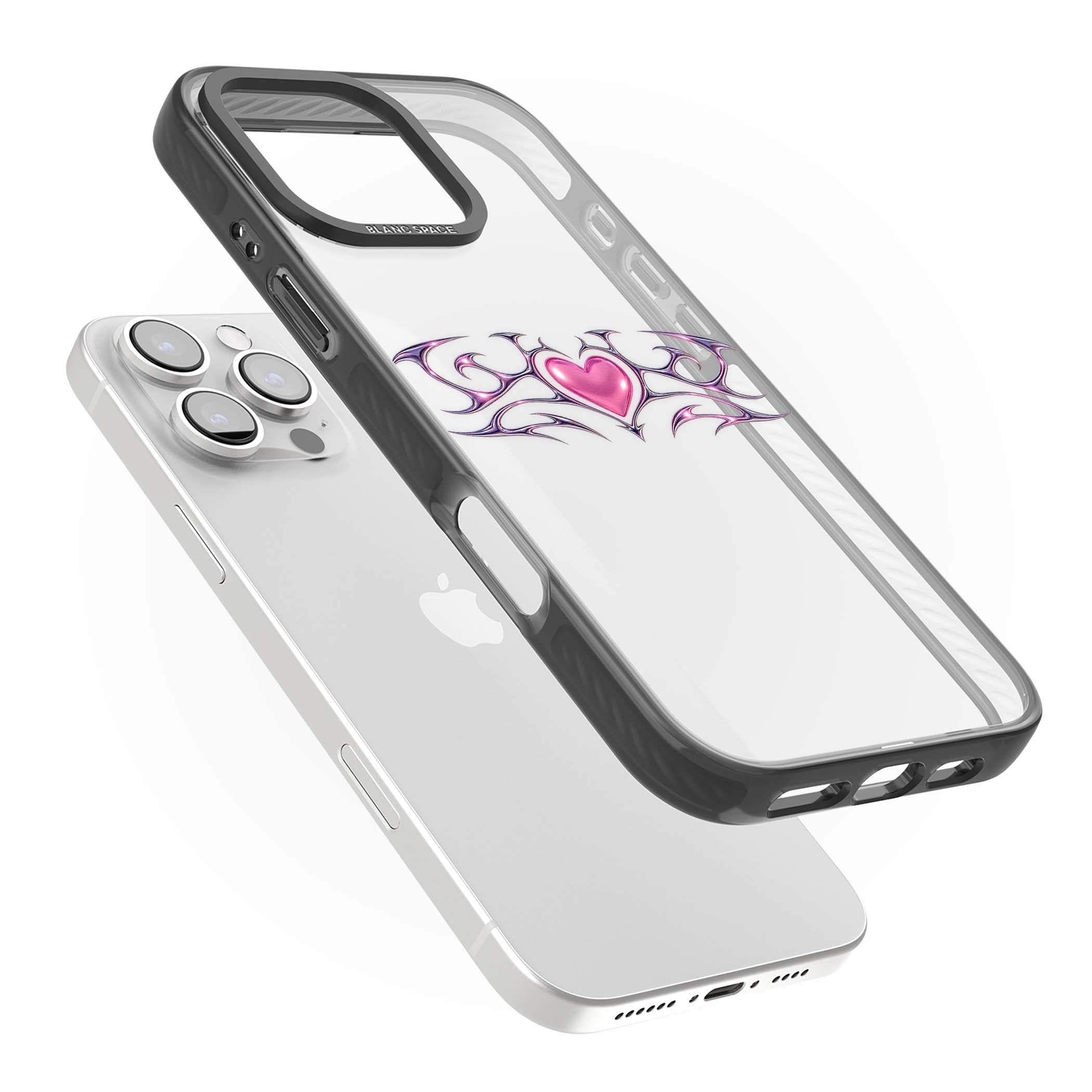 Pink Chrome Heart y2k iPhone case | Black Impact case for iPhone 16 Pro, iPhone 16 Pro Max