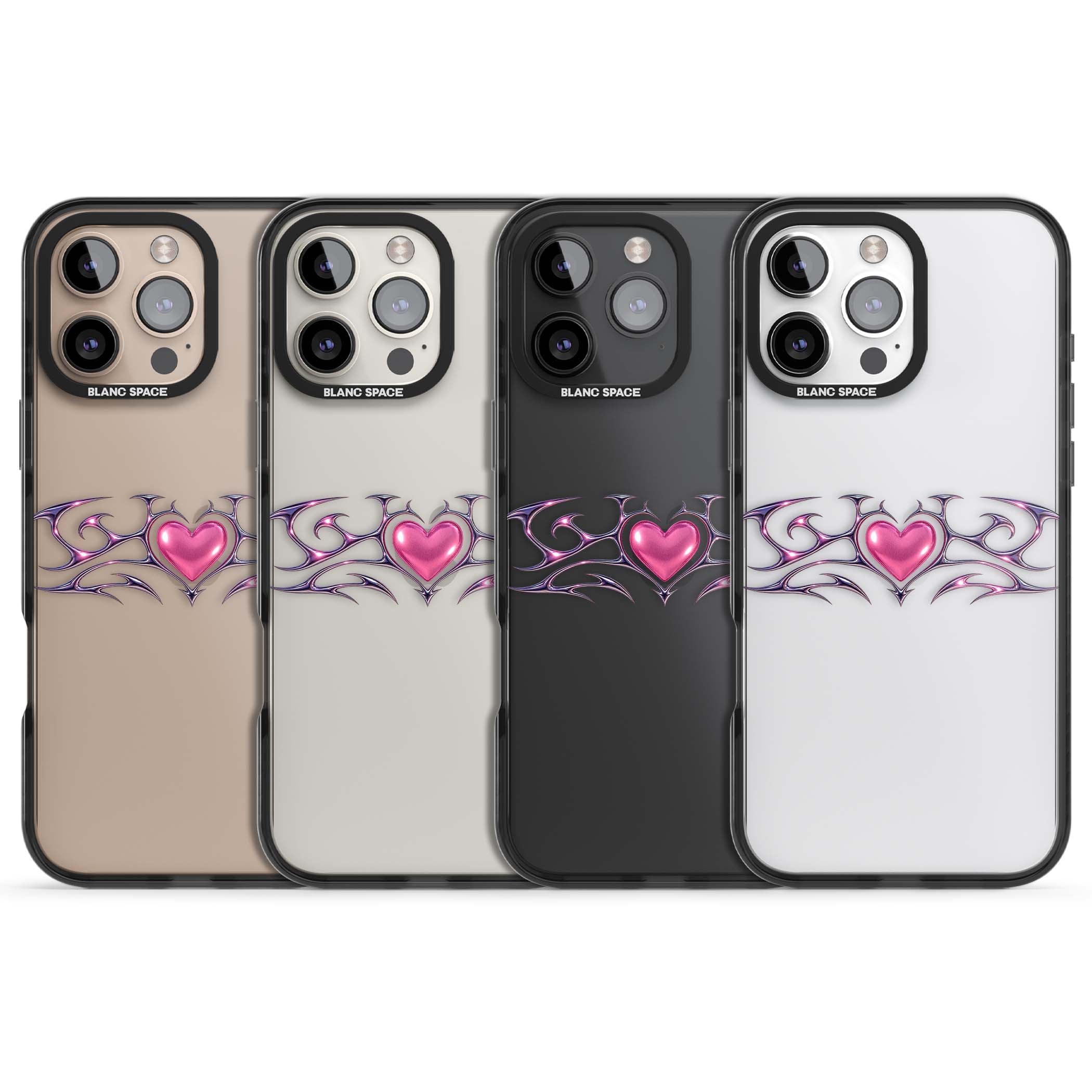 Pink Chrome Heart y2k iPhone case | Black Impact case for iPhone 16 Pro, iPhone 16 Pro Max