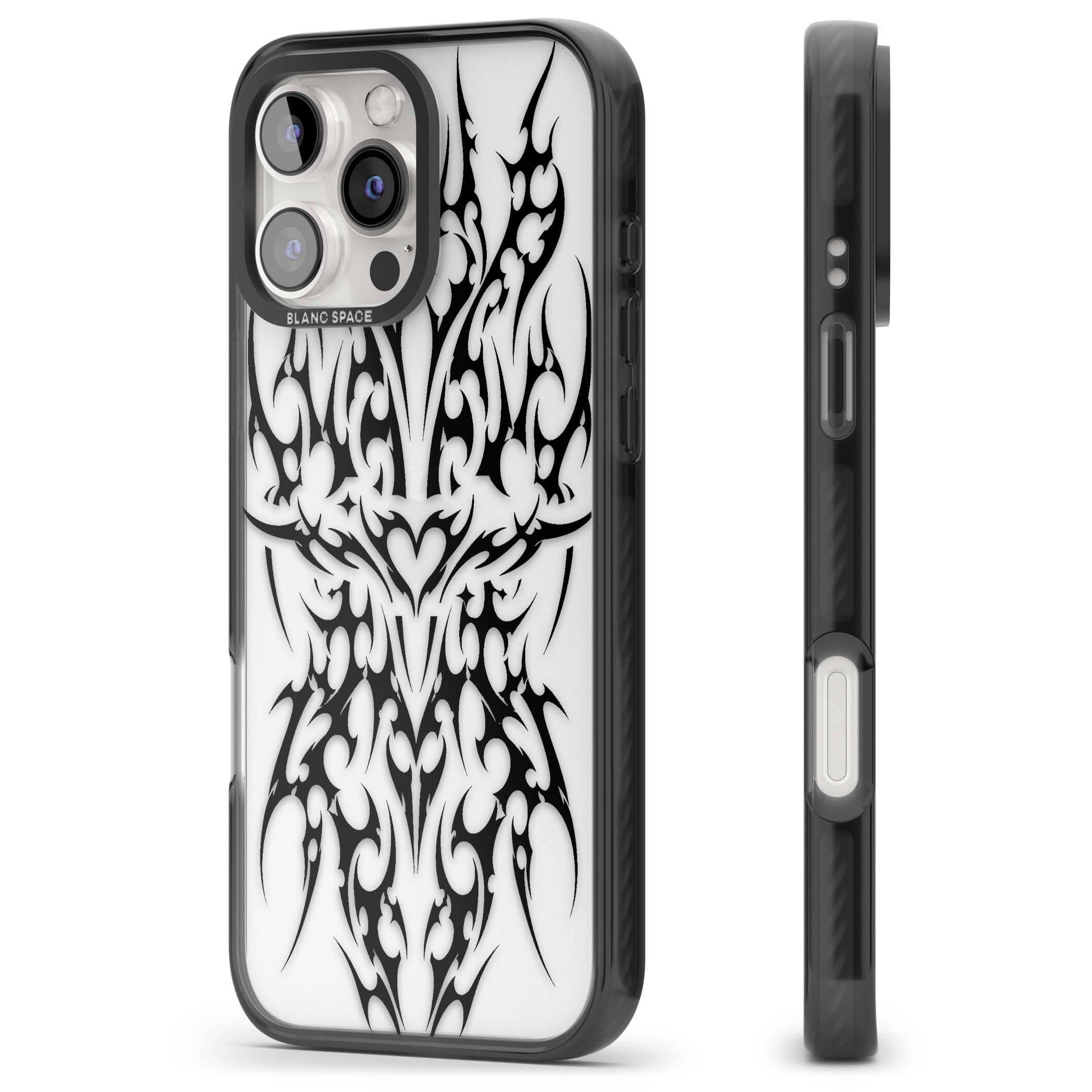 Neo Tribal Heart gothic iPhone case featuring symmetrical black tribal tattoo art with sharp thorn-like linework | Black Impact case for iPhone 16 Pro, iPhone 16 Pro Max