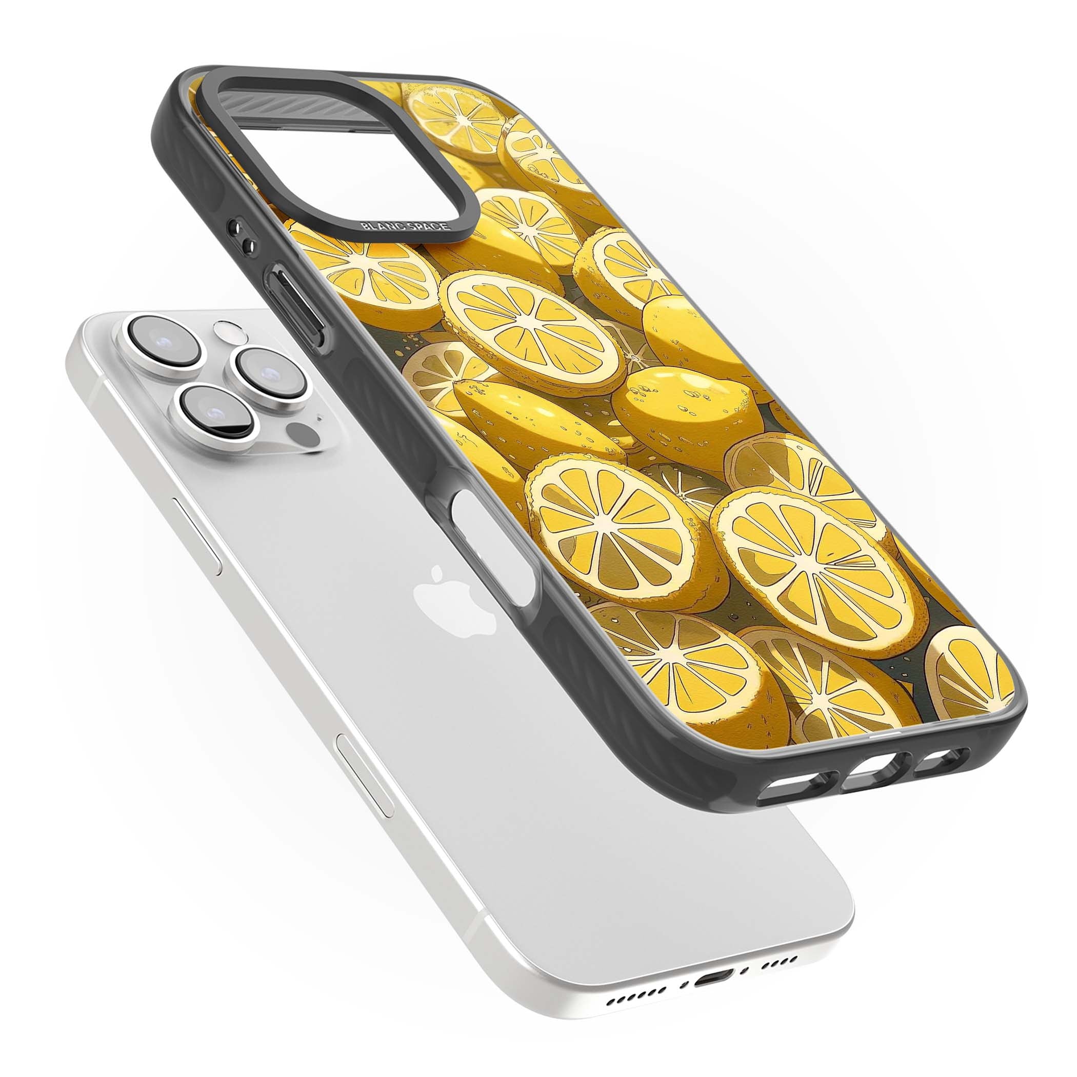 Zesty coastal iPhone case featuring illustrated Mediterranean lemons and citrus slices in golden yellow | Black Impact case for iPhone 16 Pro, iPhone 16 Pro Max