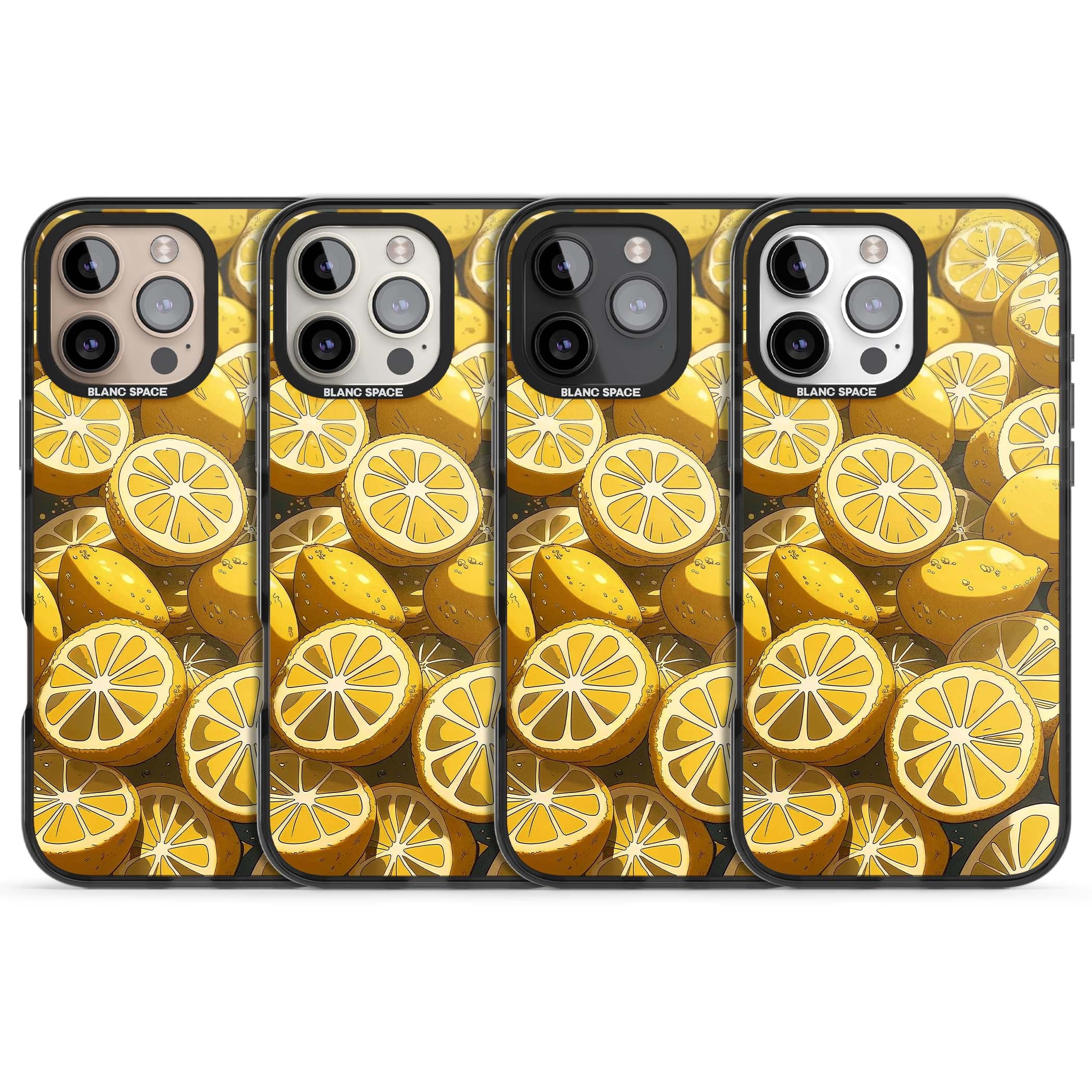 Zesty coastal iPhone case featuring illustrated Mediterranean lemons and citrus slices in golden yellow | Black Impact case for iPhone 16 Pro, iPhone 16 Pro Max